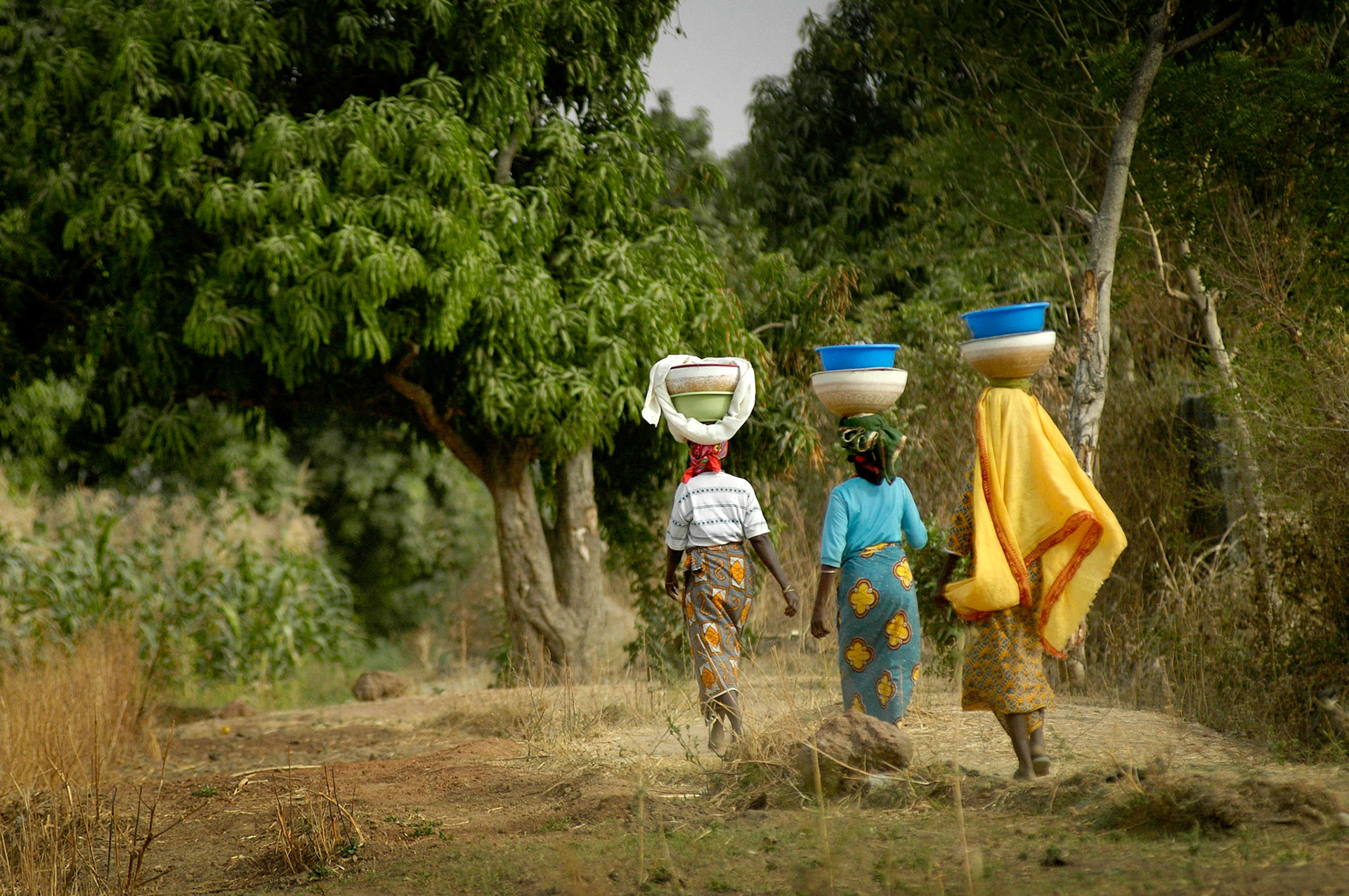 Vrouwen dragen yoghurtpotten op hun hoofd door het veld, Nigeria Kaduna 3 april 2006
