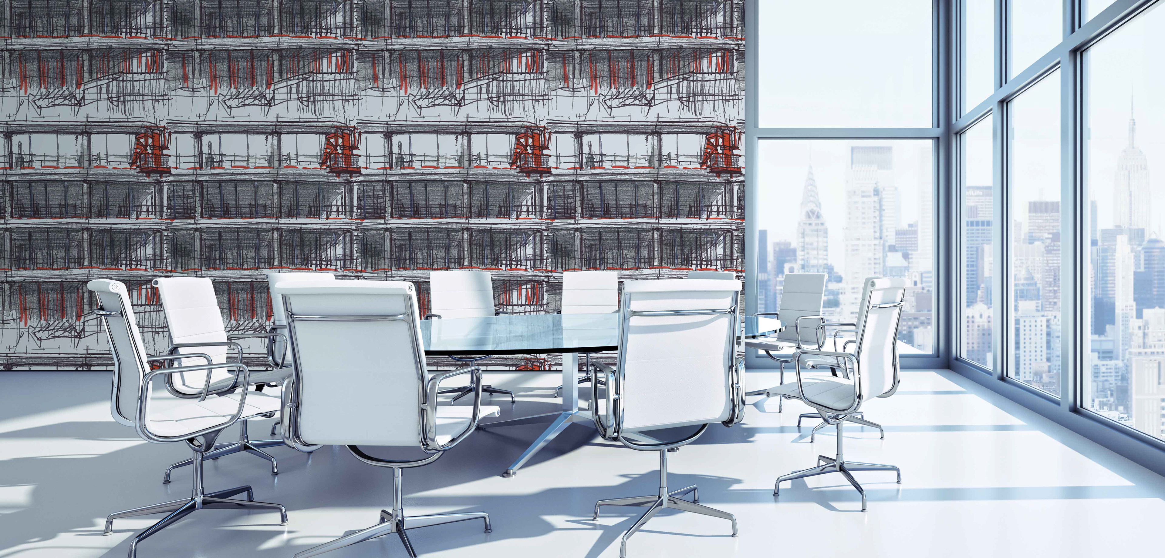 Collab' avec l'artiste Bertrand Franqueville pour une entreprise dans le bâtiment. Transformation des croquis de l'architecte pour en faire une panoramique décoratif unique en line direct avec l'activité de l'entreprise.