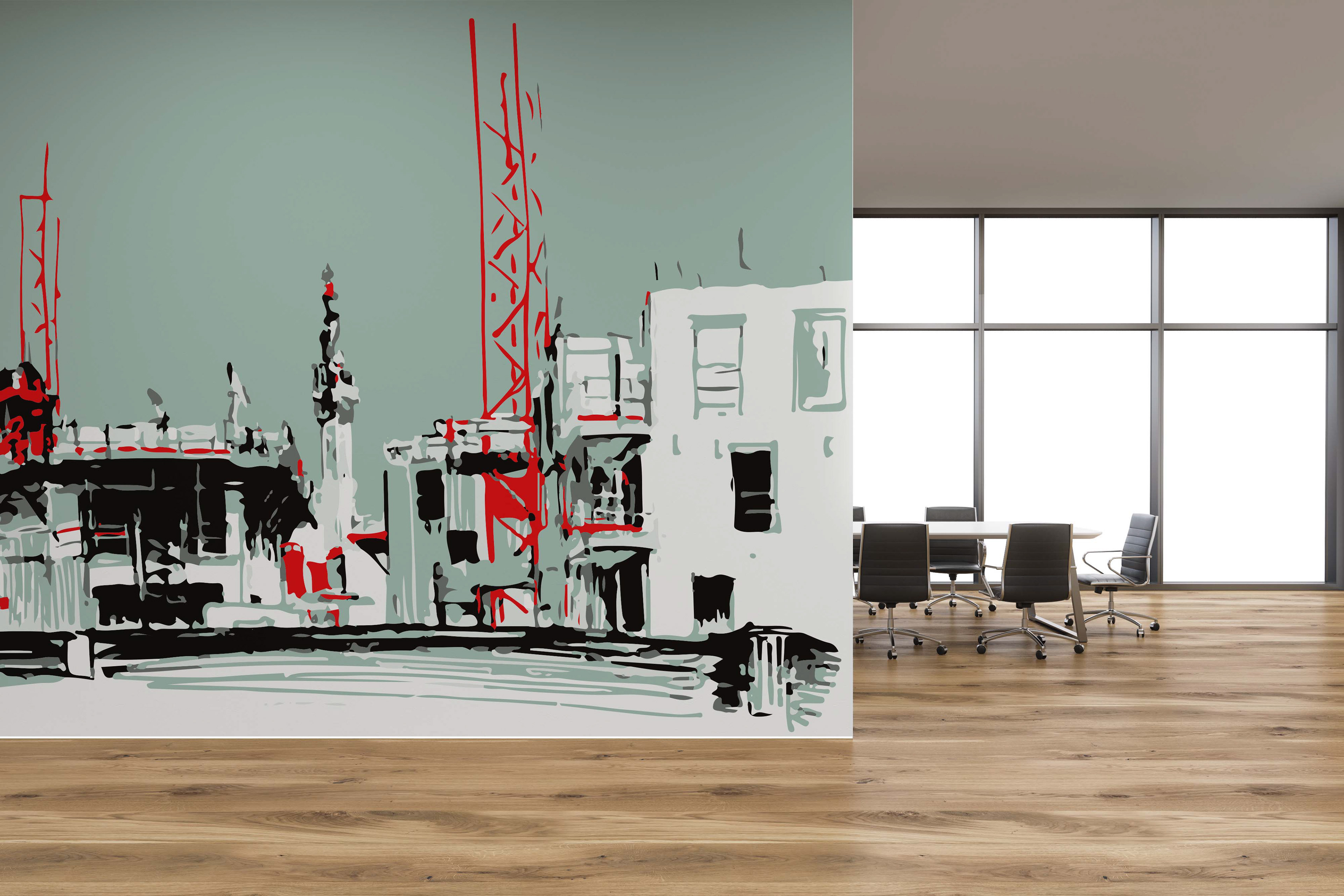 Collab' avec l'artiste Bertrand Franqueville pour une entreprise dans le bâtiment. Transformation des croquis de l'architecte pour en faire une panoramique décoratif unique en line direct avec l'activité de l'entreprise.