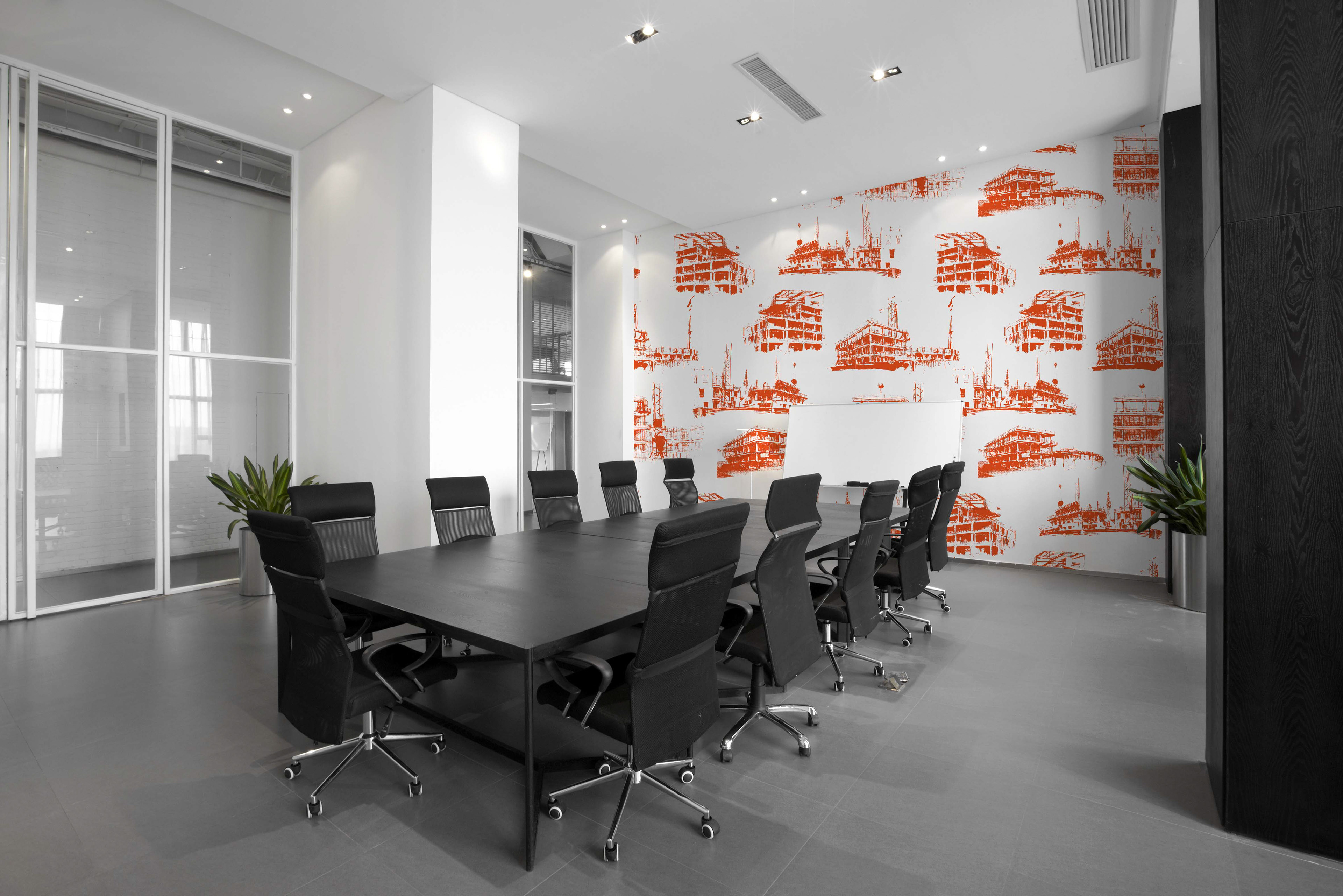 Collab' avec l'artiste Bertrand Franqueville pour une entreprise dans le bâtiment. Transformation des croquis de l'architecte pour en faire une panoramique décoratif unique en line direct avec l'activité de l'entreprise.