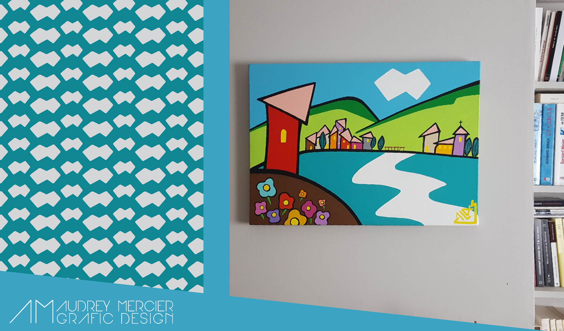 Création d'un papier peint à partir d'un tableau de la propriétaire, pour orner un pan de mur dans un salon. Une oeuvre murale unique qui répond parfaitement au style joyeux de la cliente qui souhaitait une décoration originale.