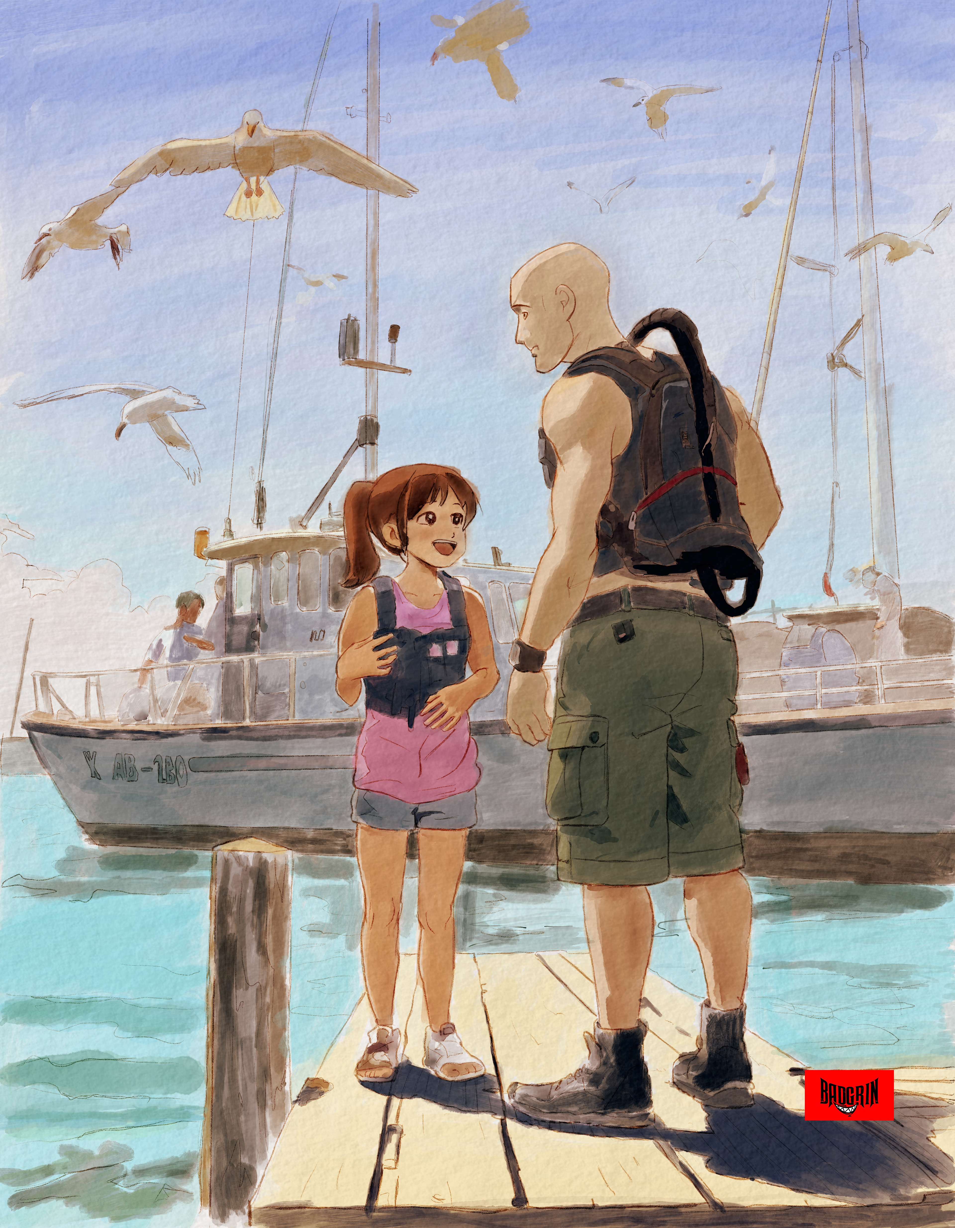 Children's book page 1, Father and daughter ready to go scuba diving