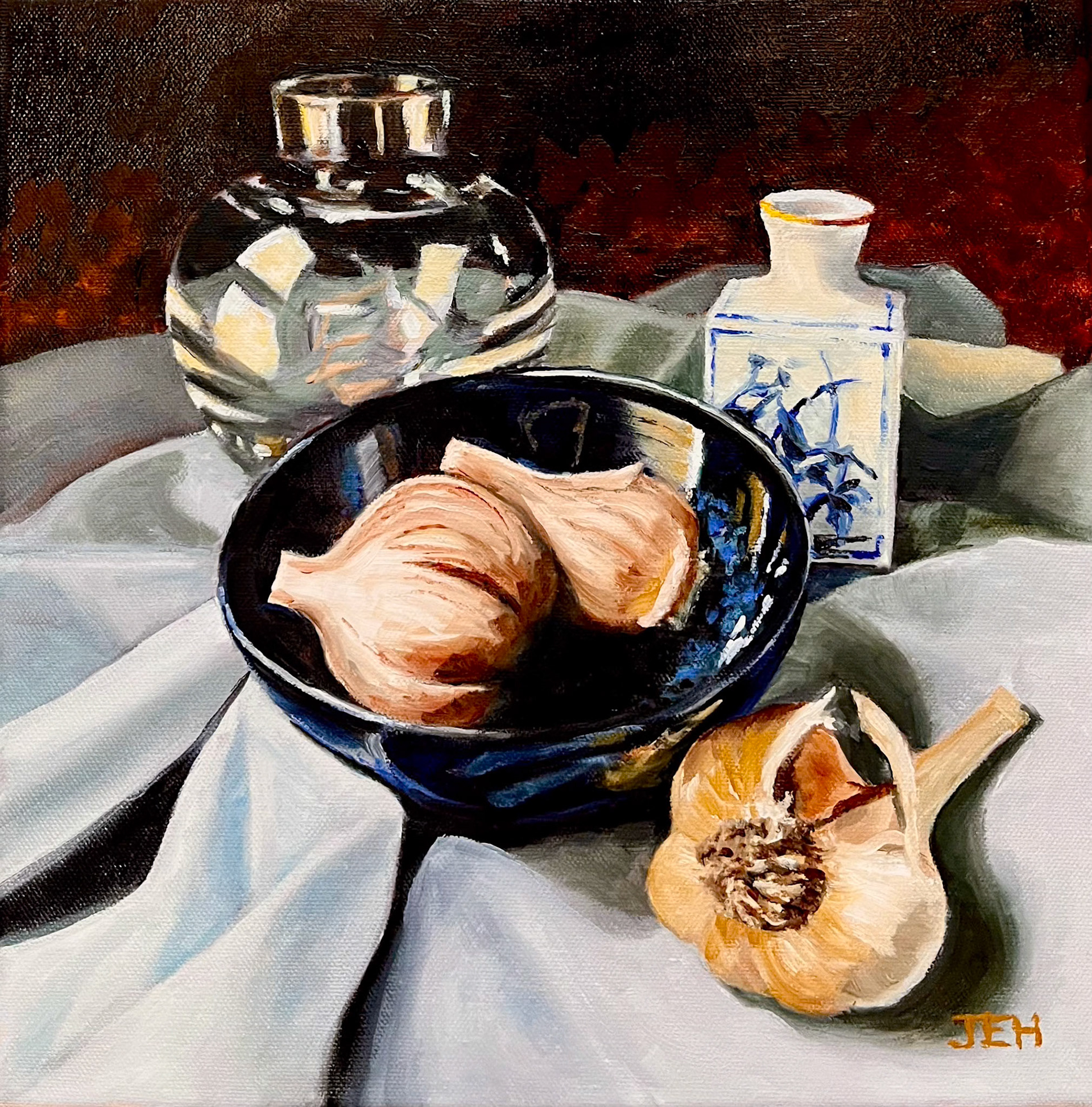 Garlic in Blue Bowl, 12x12, oil on canvas