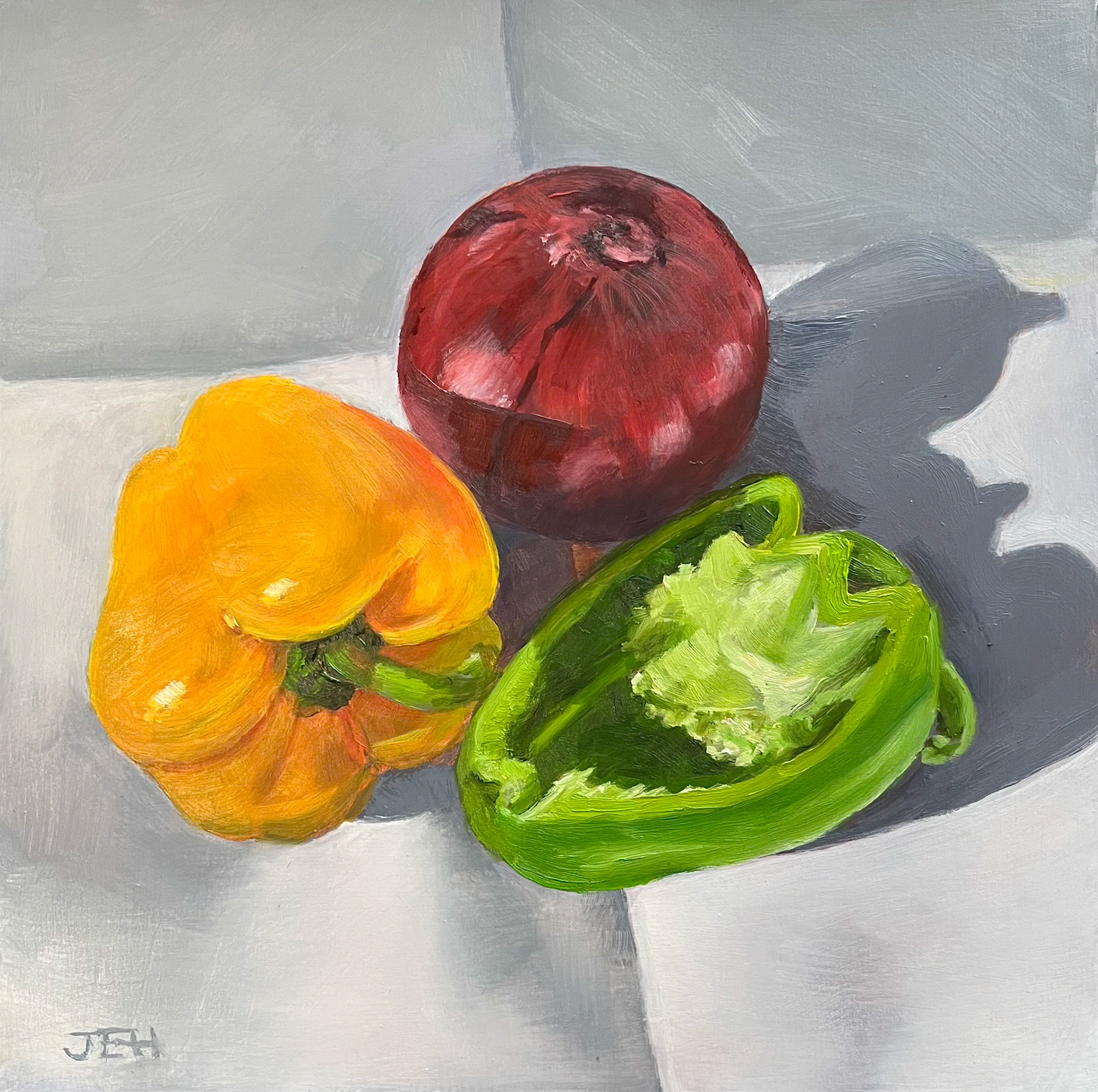 Peppers, 8x8, oil on wood panel