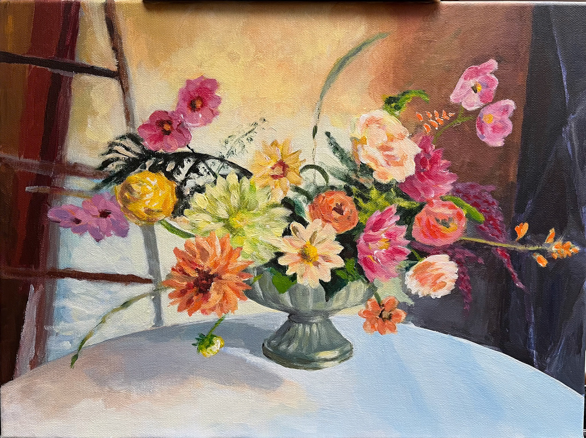 Zinnias & Cosmos, 16x12, acrylic on canvas