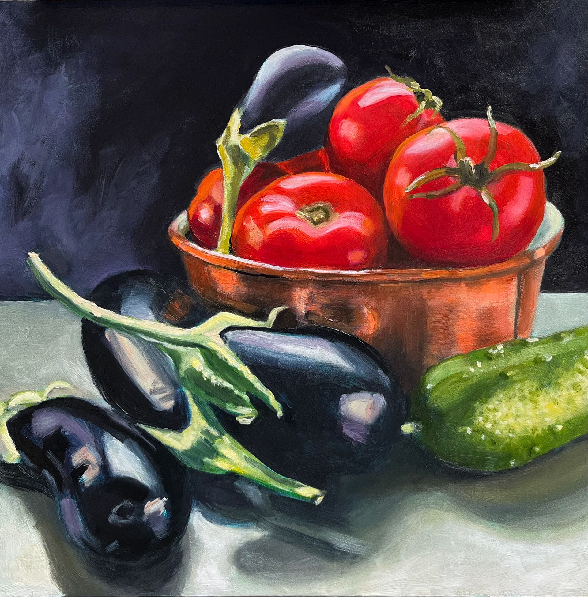 Eggplant and Tomatoes, 10x10, oil on gessoboard