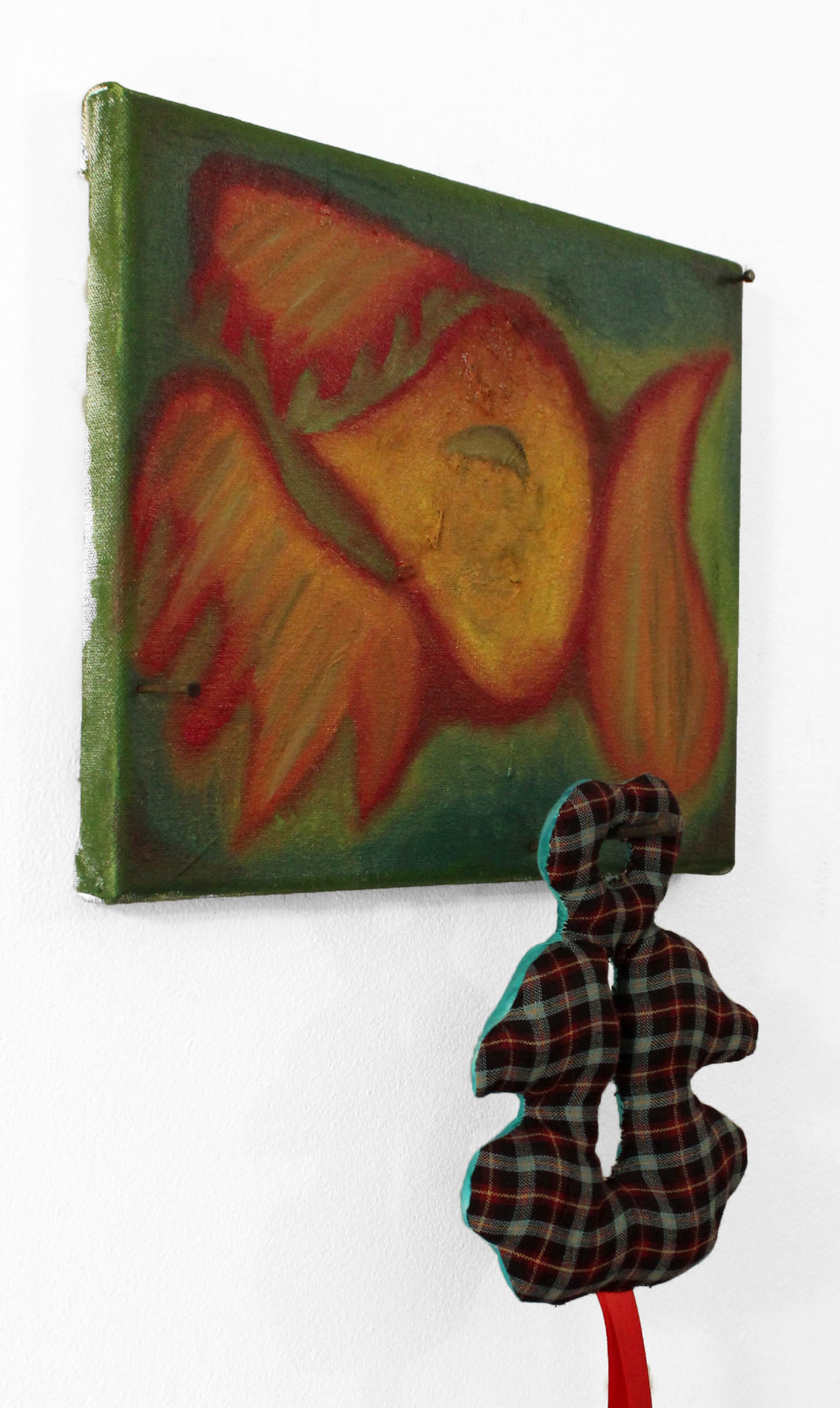 Toys (Detail), 2026, Oil, Cat Hair, Soft Sculpture, Antique Hand Forged Nails, 12x24x2