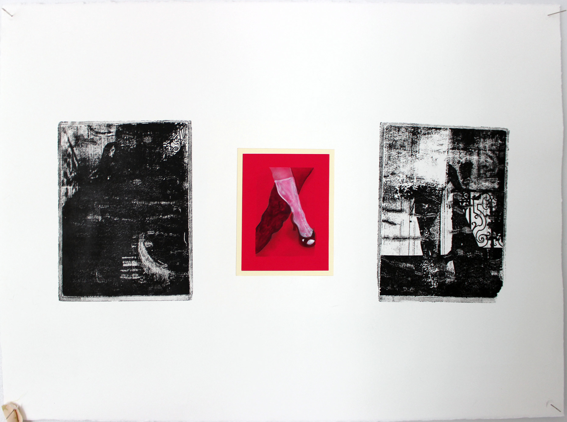 STRUT, 2023, Monoprint, Gouache, Sewing Needles and Glove