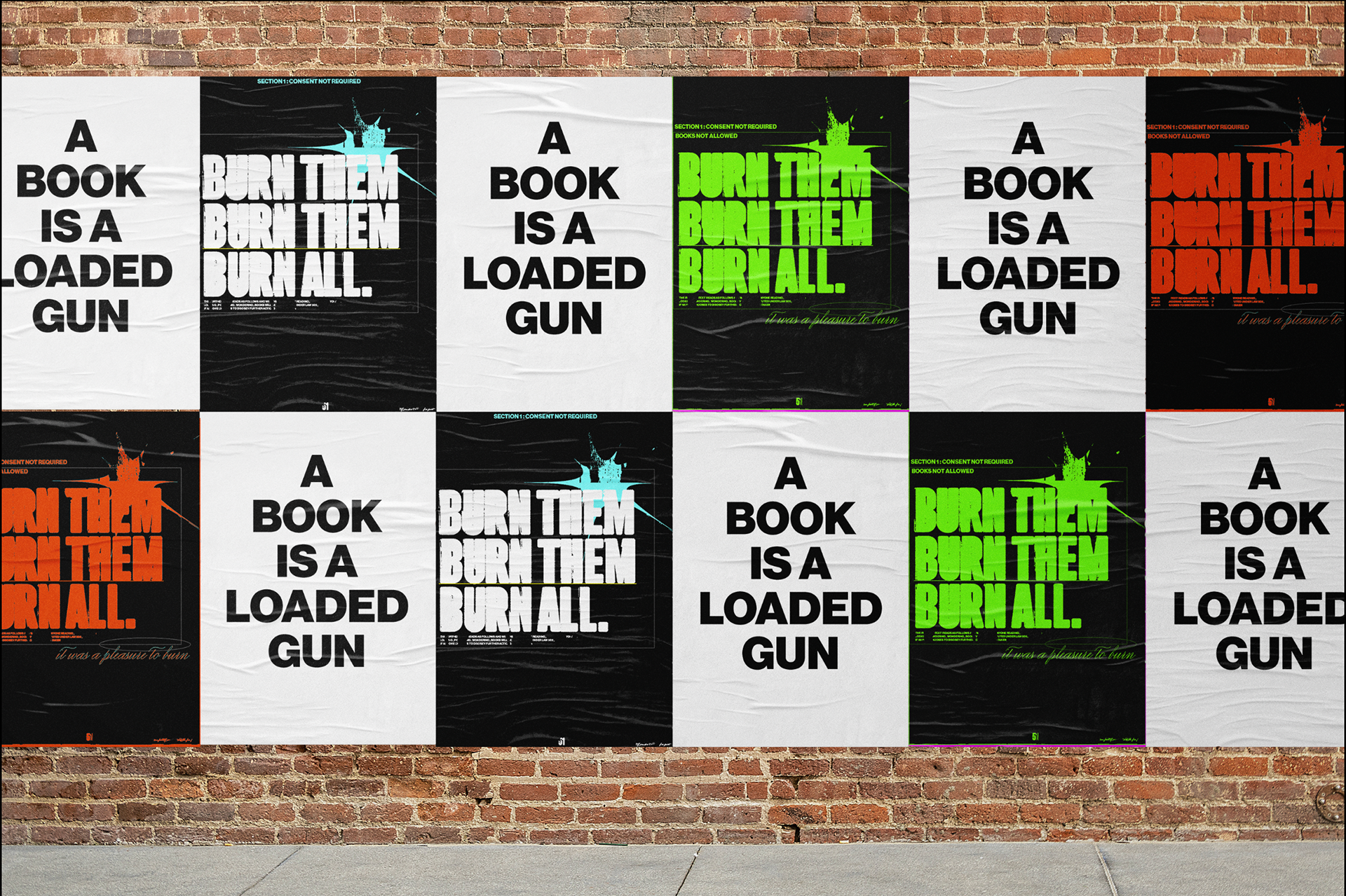 I used my Bold coloured final mockups , and a minimal pick typographic poster titled "A book is a loaded gun"
