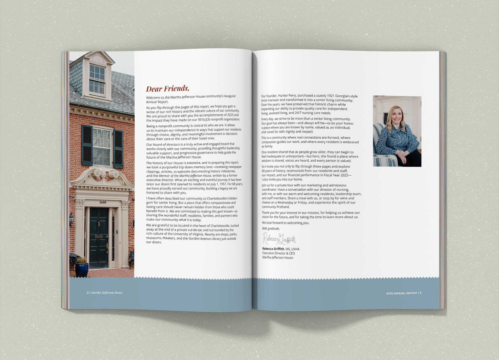Two page spread with a letter from the executive director.