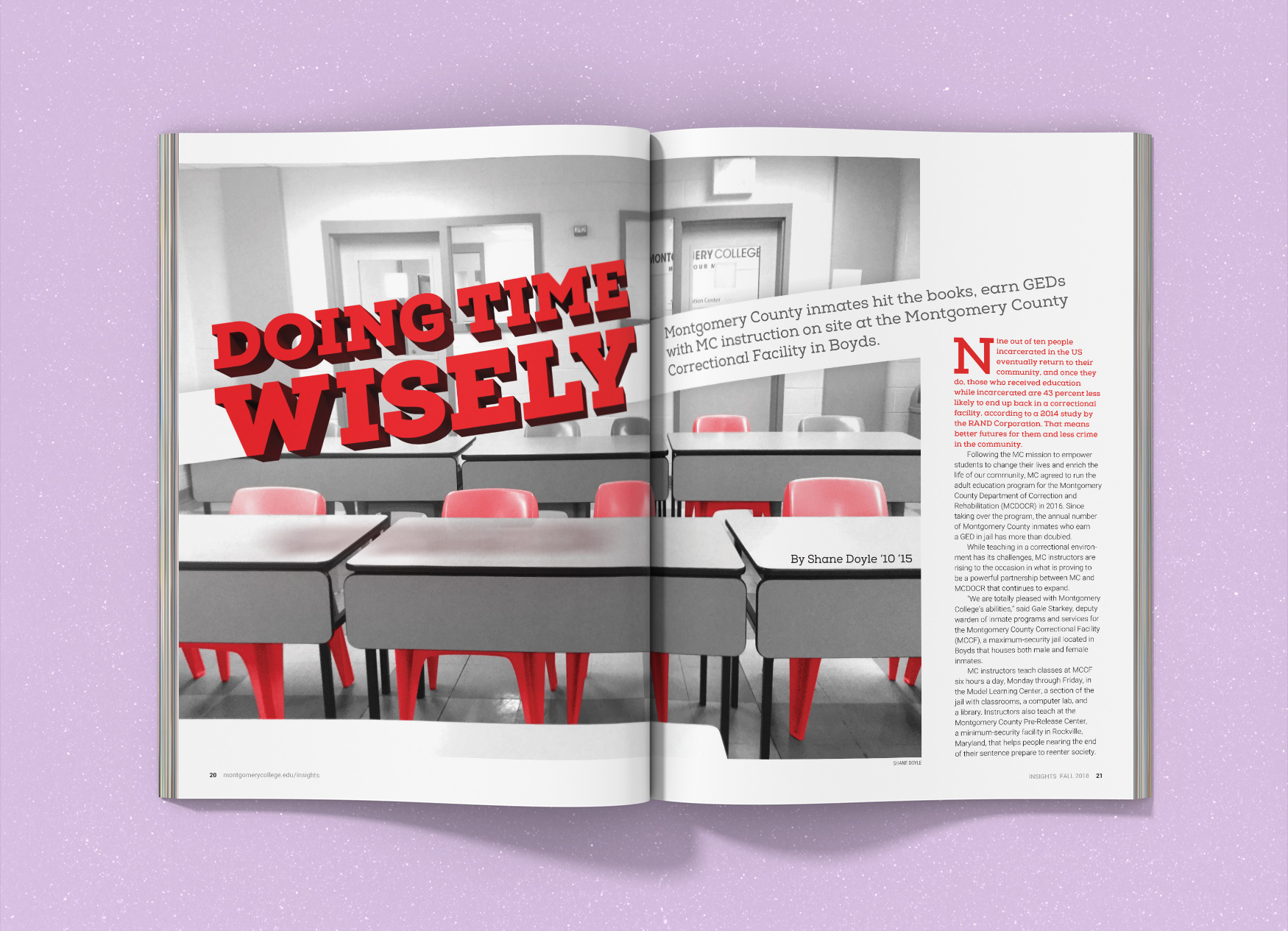 Montgomery College Insights Magazine inside spread with the text Doing Time Wisely in 3D floating over school desks.