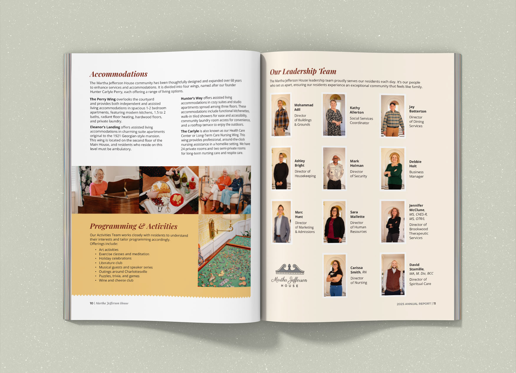 Two page spread describing accomodations and the leadership team.