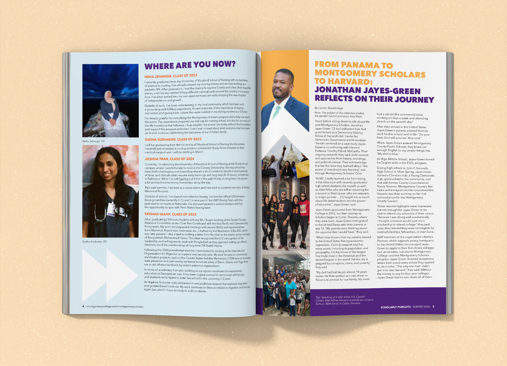 Two page spread continuing the alumno where are you now article and starting another article about a former student.