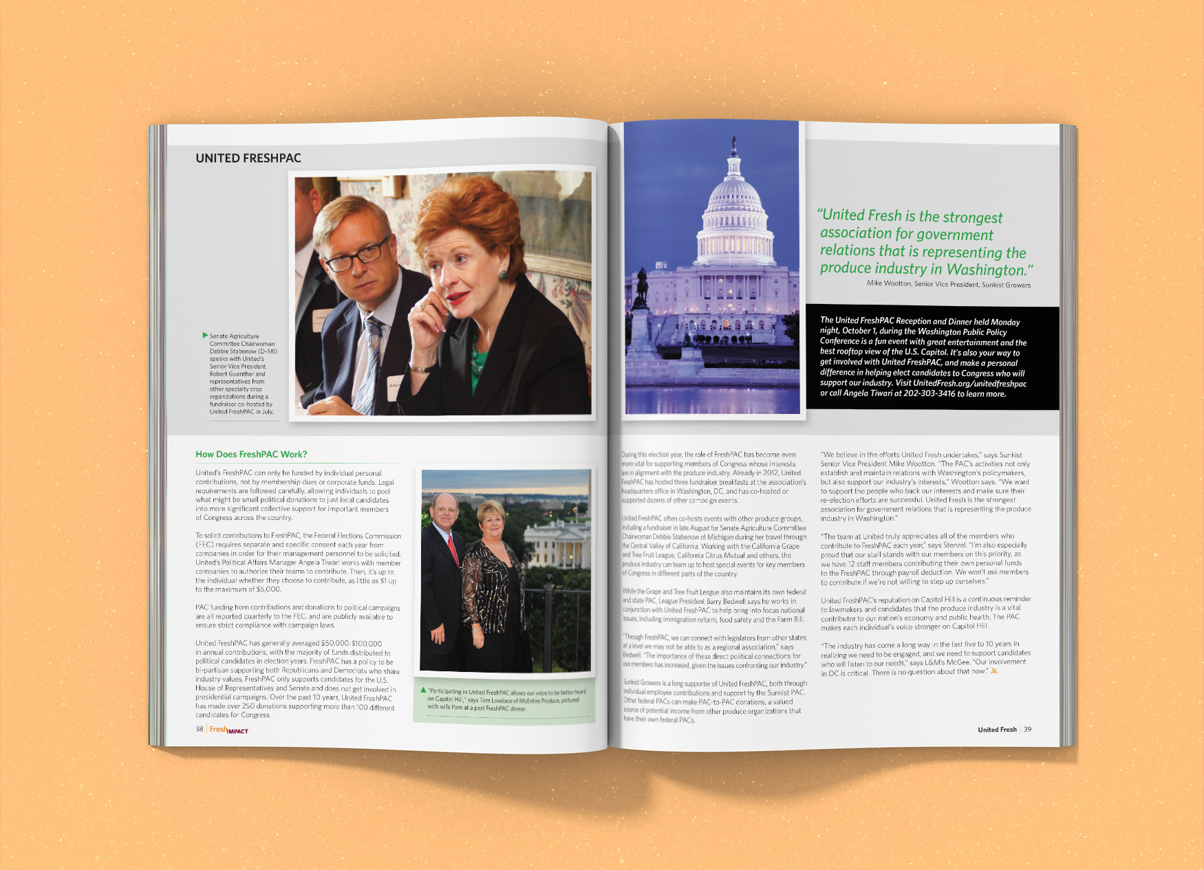 United Fresh Produce Association's Fresh Impact magazine spread about produce leaders supporting government policy leaders.
