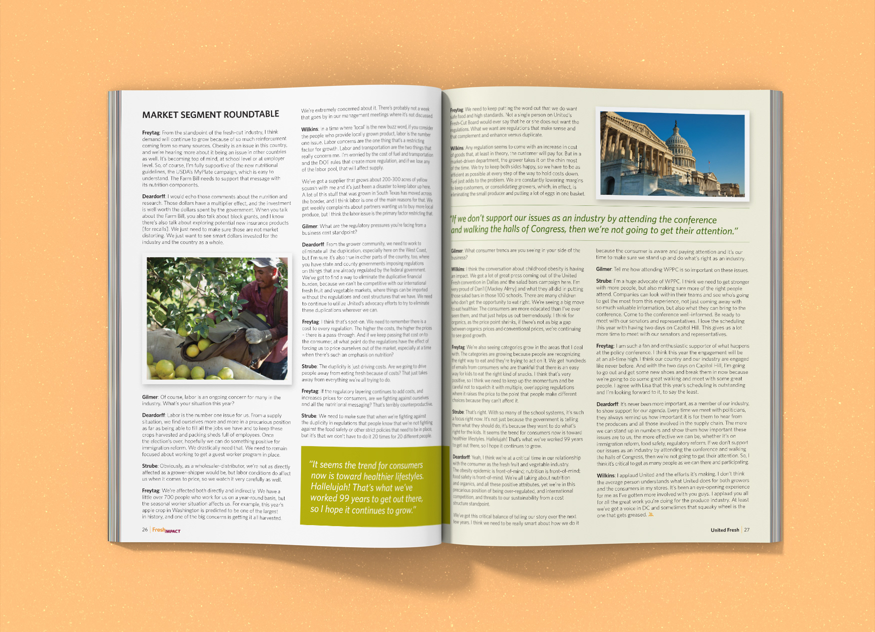 United Fresh Produce Association's Fresh Impact magazine spread about produce consumption.