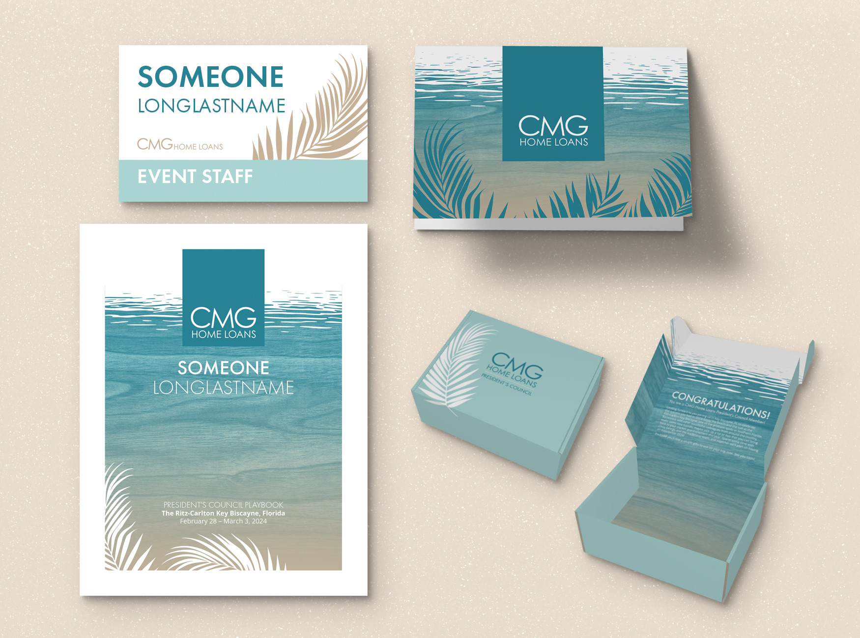 Design samples of staff name badges, notecard, binder cover, and gift box packaging.