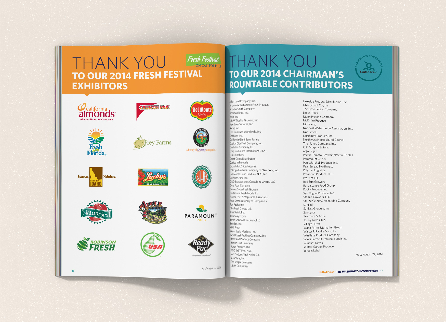 United Fresh Washington Conference program spread thanking exhibitors and contributors.