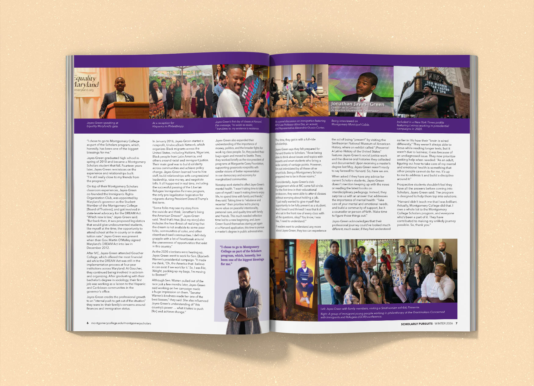 Two page spread about a former MC student.