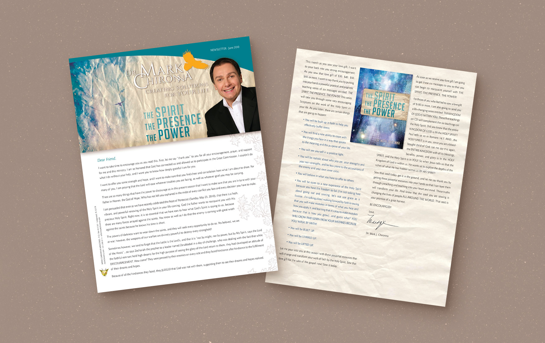 Mark Chironna Ministries newsletter covers for The Spirit, The Presence, The Power.