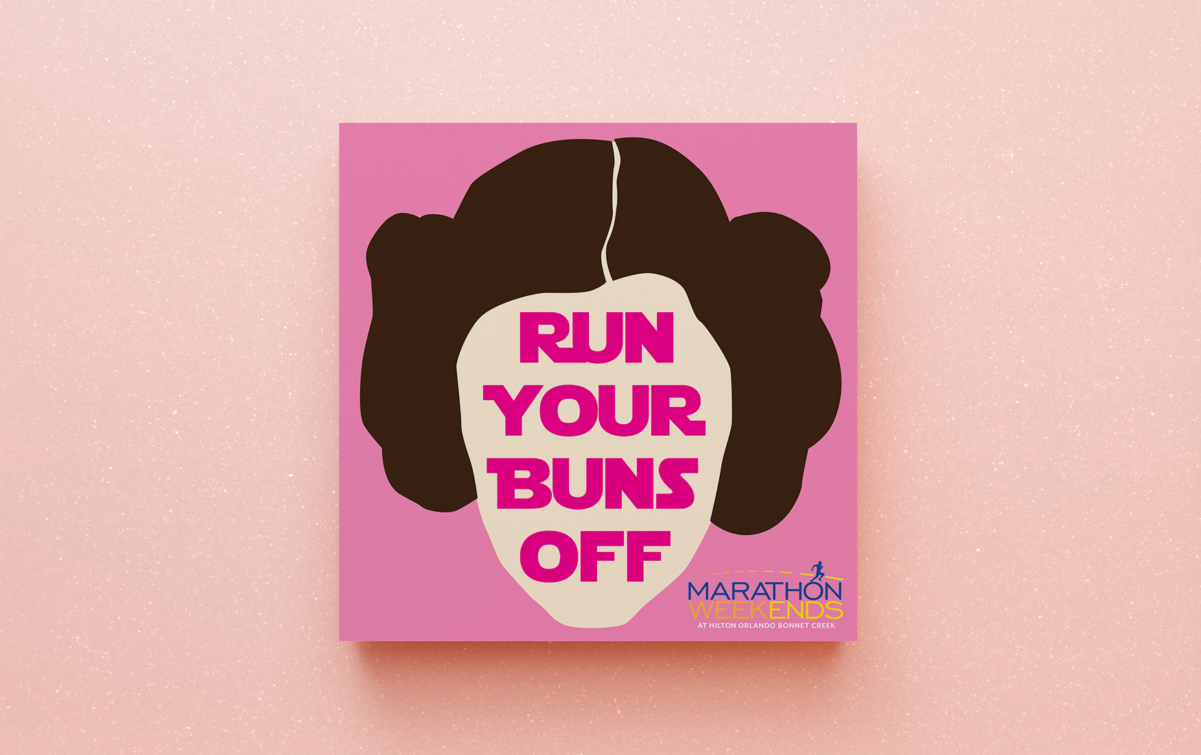 Hilton Marathon Weekends square sign with stylized illustration of Princess Leia.