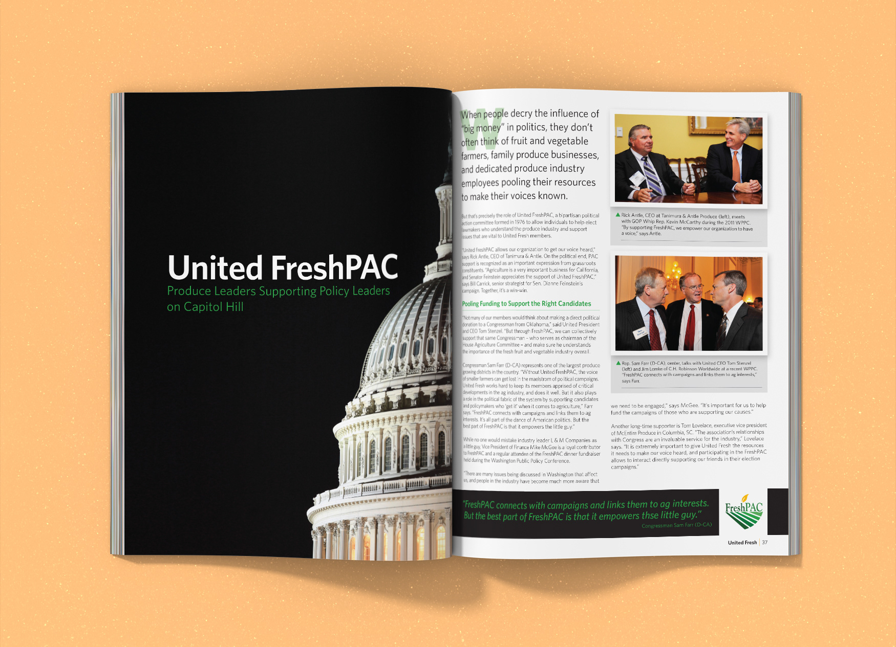 United Fresh Produce Association's Fresh Impact magazine spread about produce leaders supporting government policy leaders.