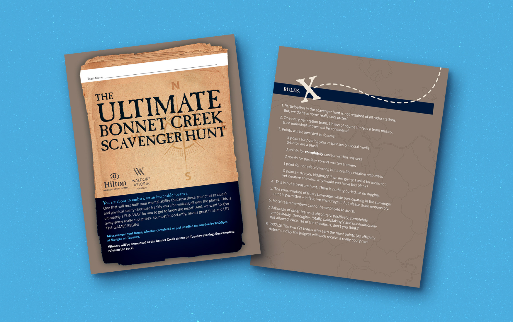 Hilton Orlando Bonnet Creek and Waldorf Astoria Orlando scavenger hunt brochure front and back covers.