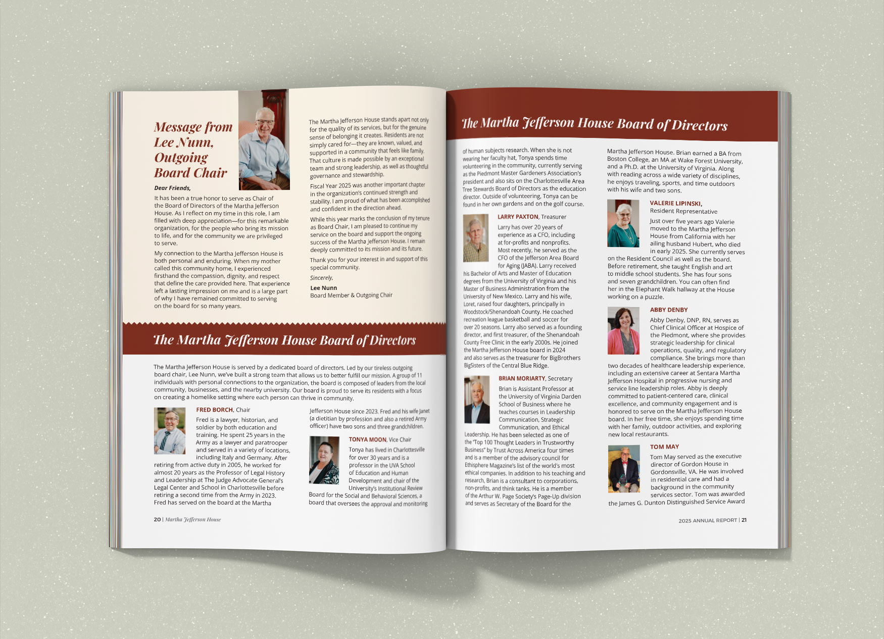 Two page spread with message from the previous chair and a list of the board of directors.