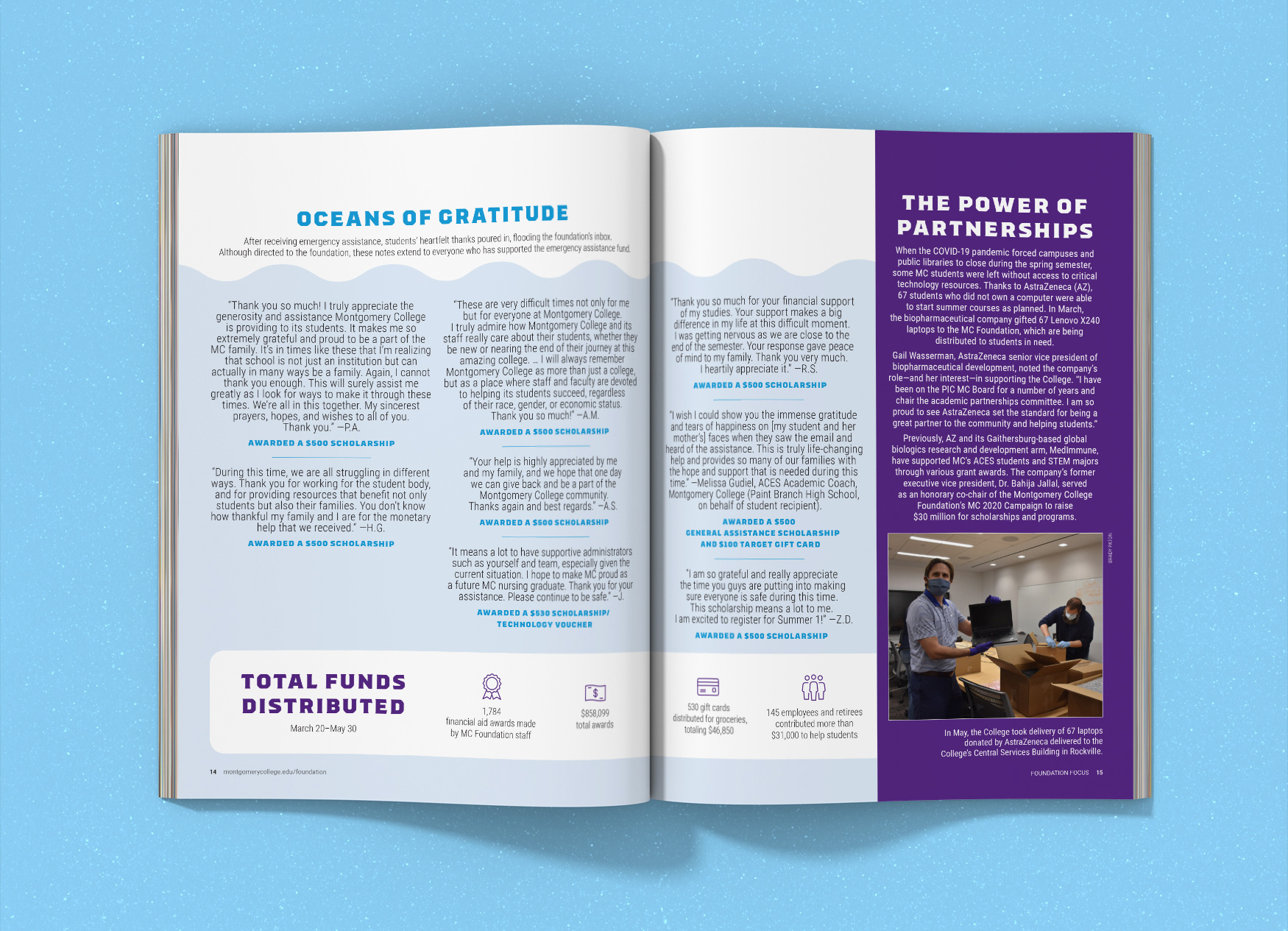 Montgomery College Foundation Focus magazine spread with a wave illustration background and quotes from assistance scholarship winners.