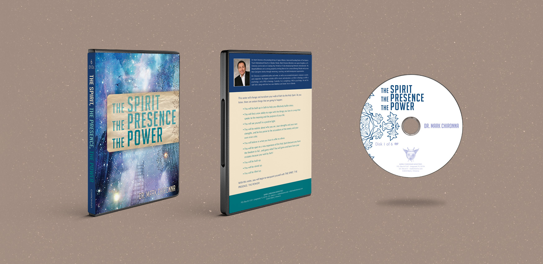 Mark Chironna Ministries DVD box covers and disc face for The Spirit, The Presence, The Power set.