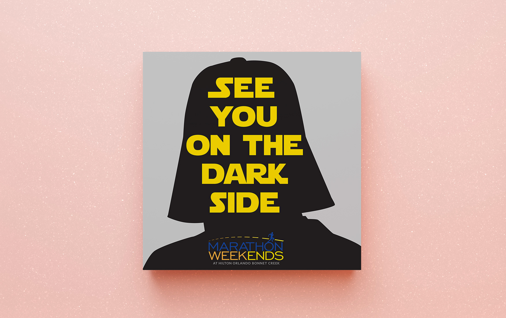 Hilton Marathon Weekends square sign with silhouette illustration of Darth Vader.