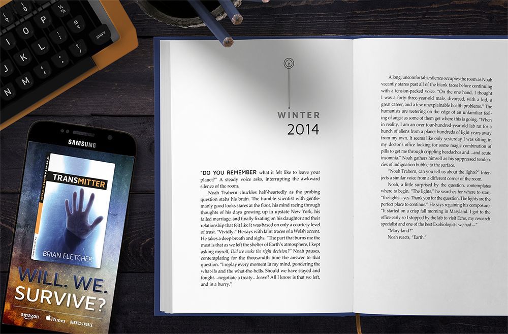 The book Transmitter open to the first two pages on a desk with a phone next to it showing a digital ad for the book.