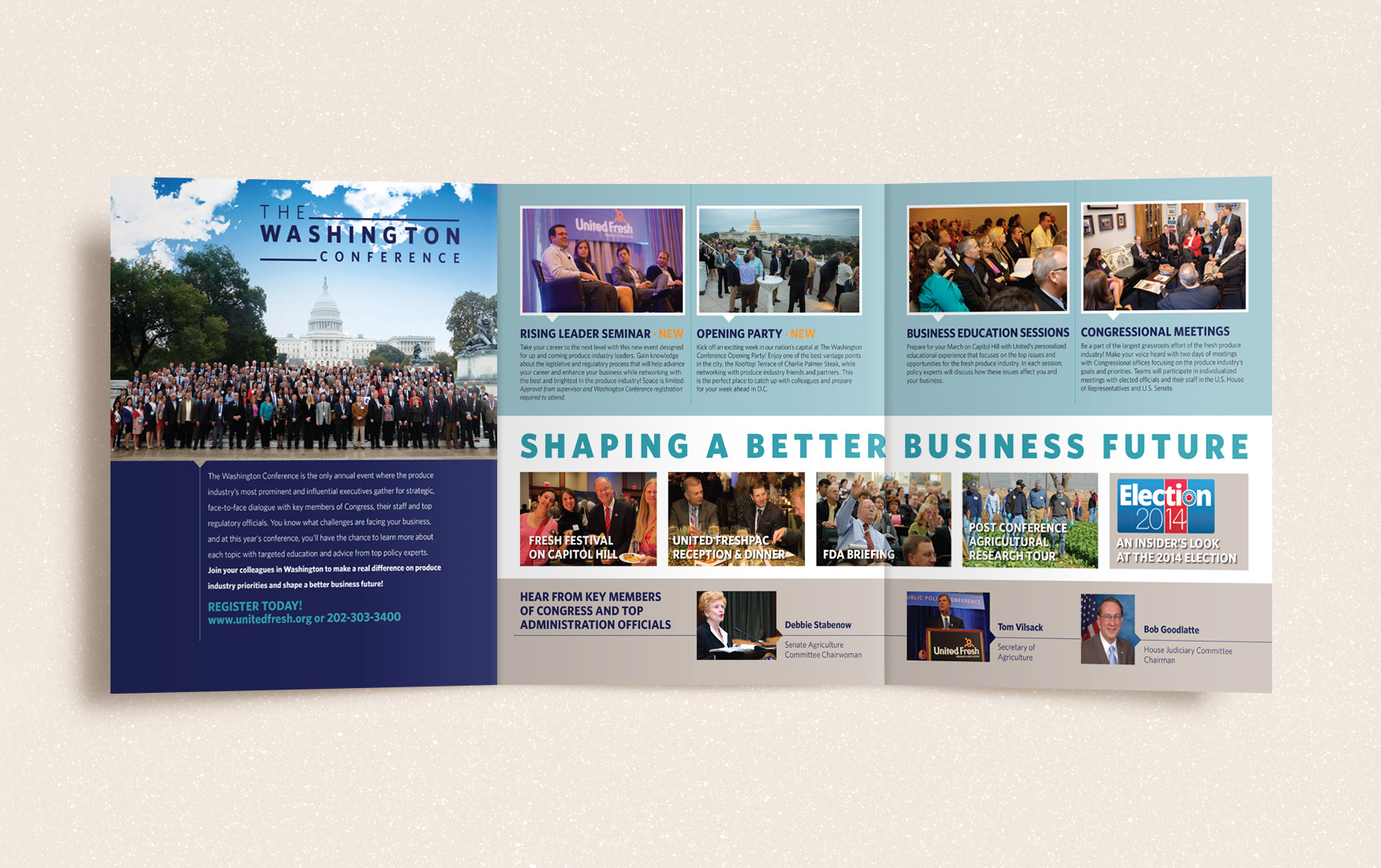 United Fresh Washington Conference three panel registration brochure inside spread.