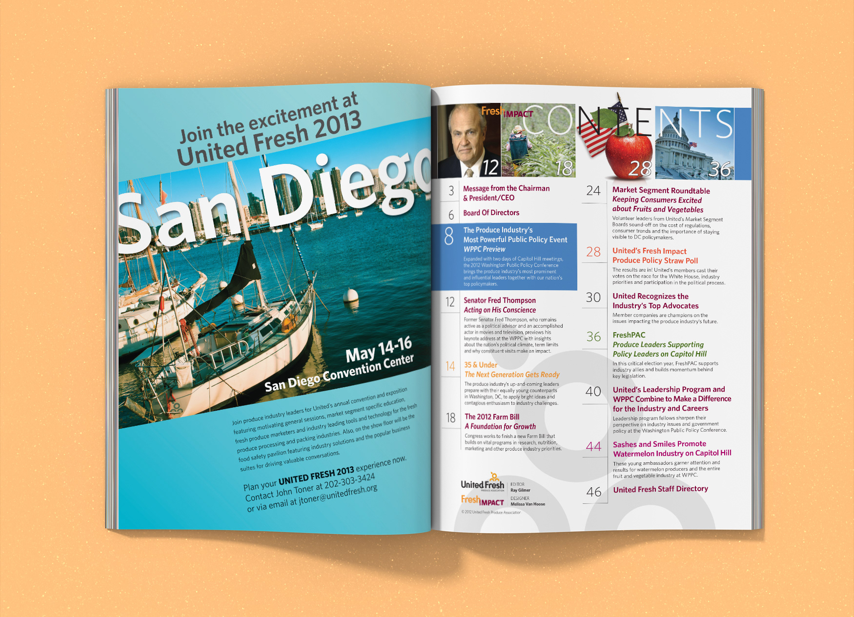 United Fresh Produce Association's Fresh Impact magazine spread with convention ad and contents.