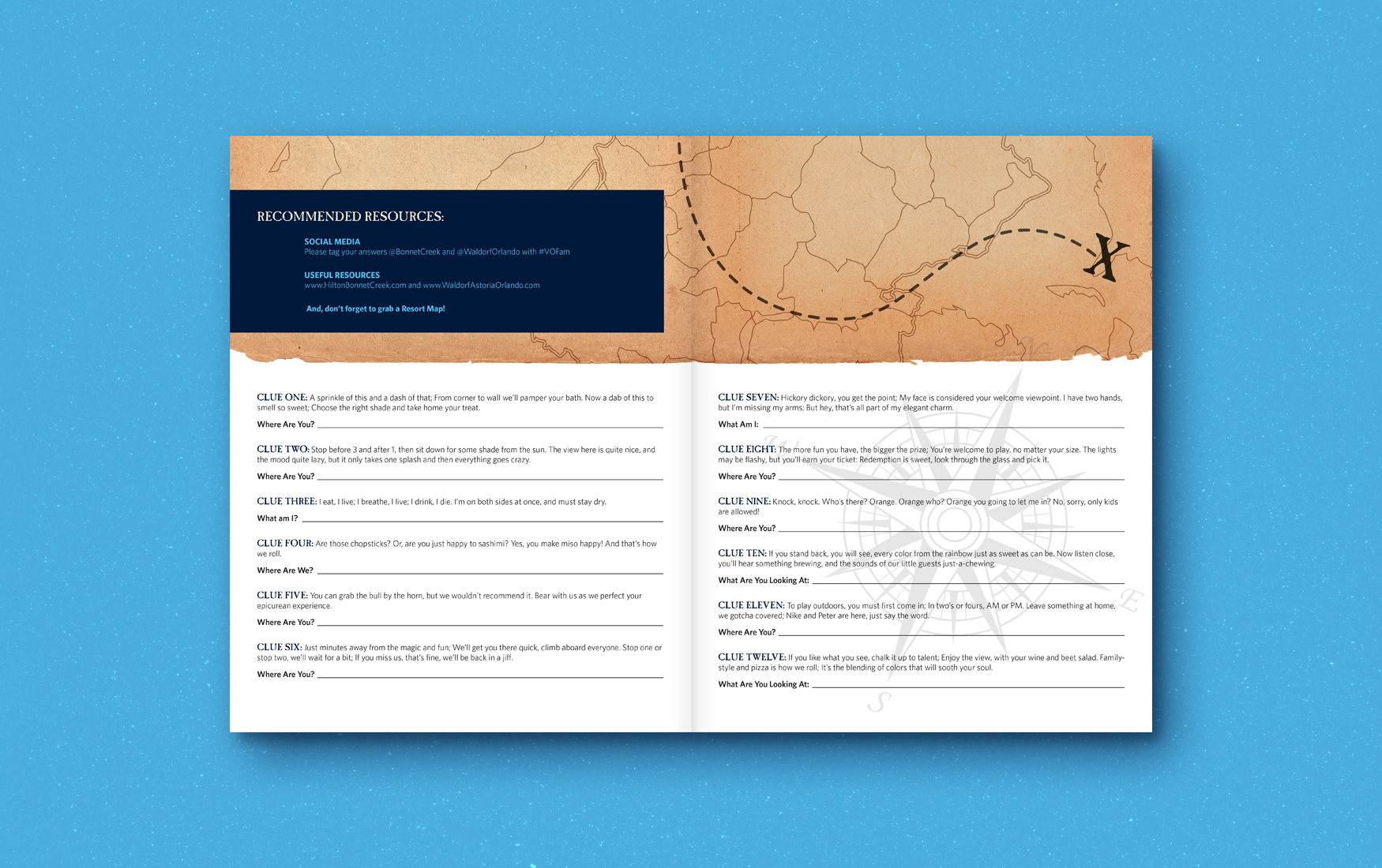 Hilton Orlando Bonnet Creek and Waldorf Astoria Orlando scavenger hunt brochure interior with compass and map style. 