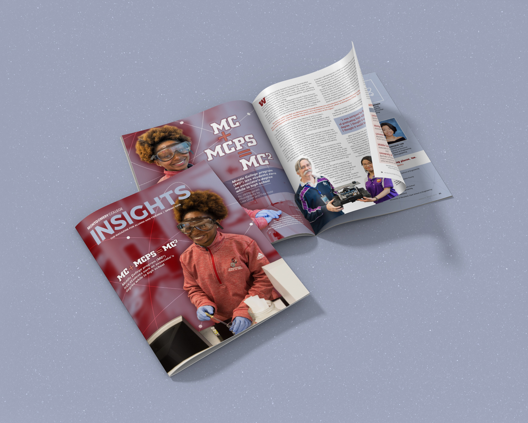 Montgomery College Insights Magazine cover and inside spread with students and teachers participating in the Middle College program.