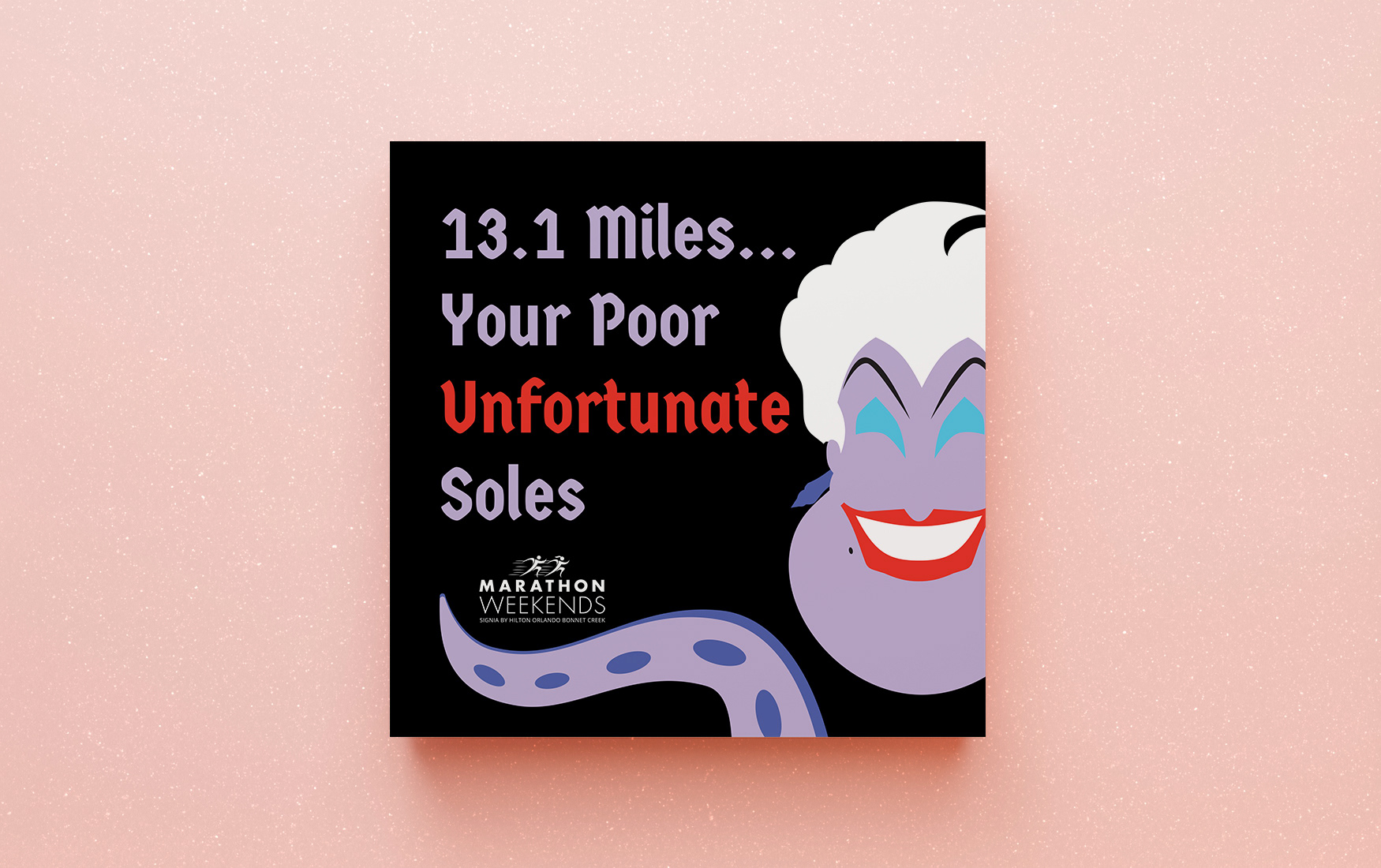 Hilton Marathon Weekends square sign with stylized illustration of Ursula.