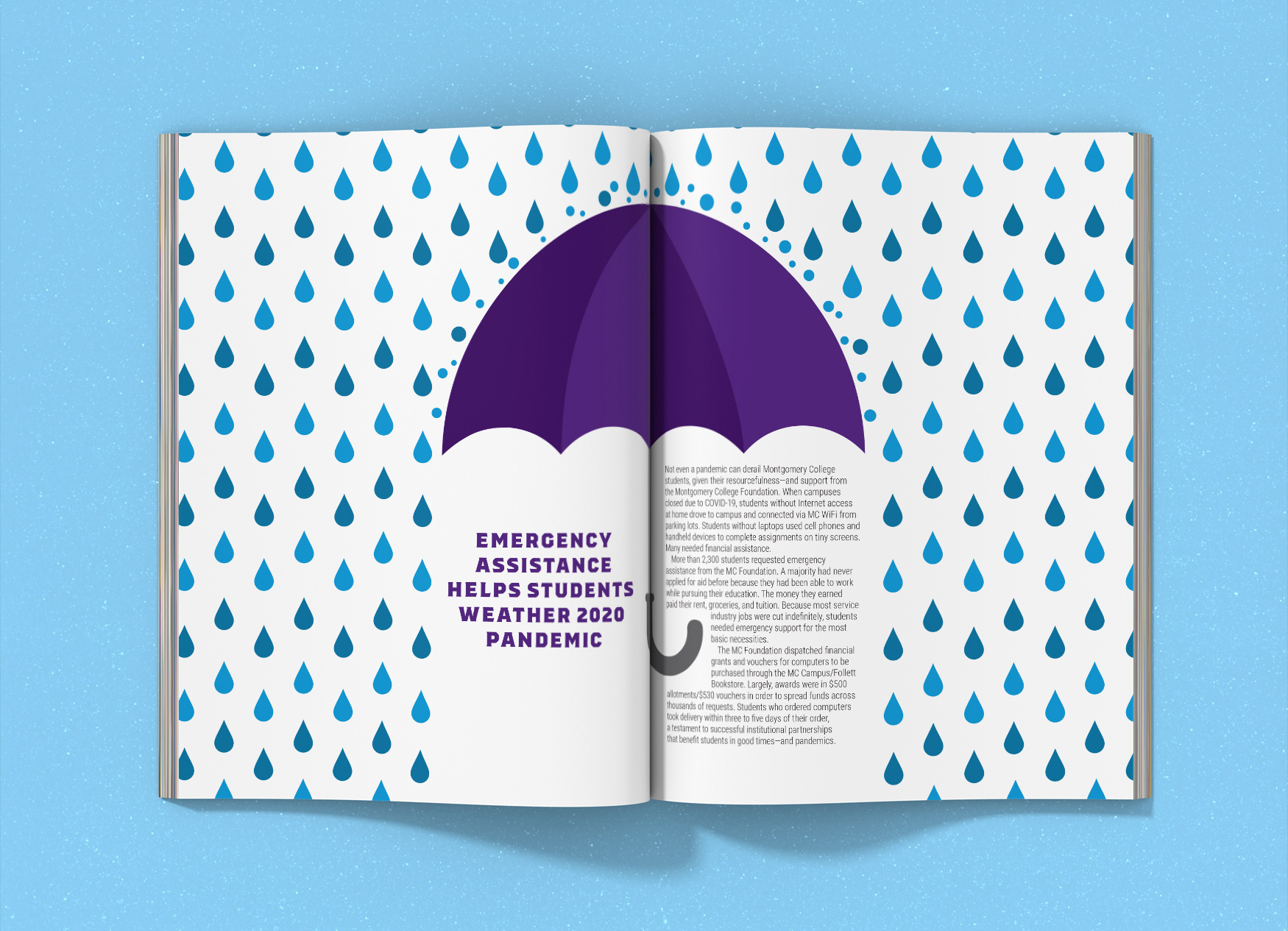 Montgomery College Foundation Focus magazine spread with an illustration of an umbrella and rain drops around it for an article about emergency assistance during the pandemic.
