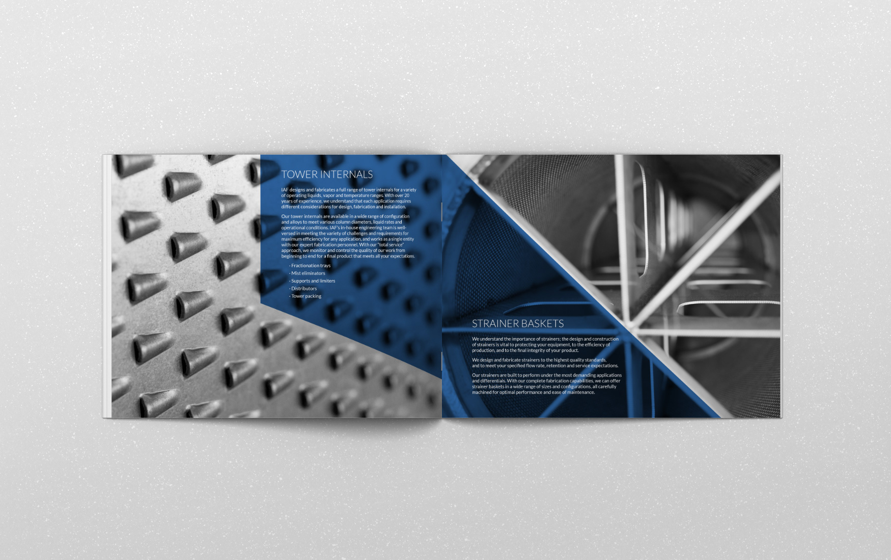 IAF Brochure two page spread about towers and strainer baskets.