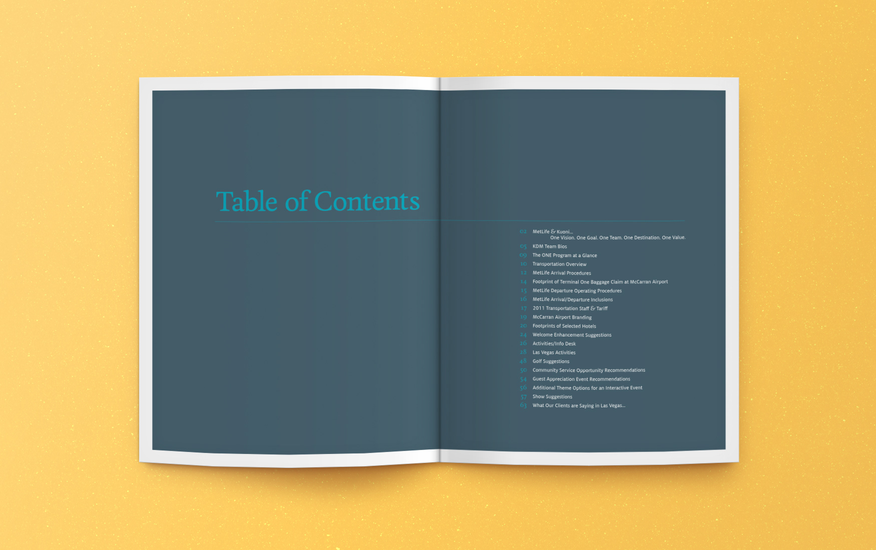 KUONI proposal Table of Contents spread.