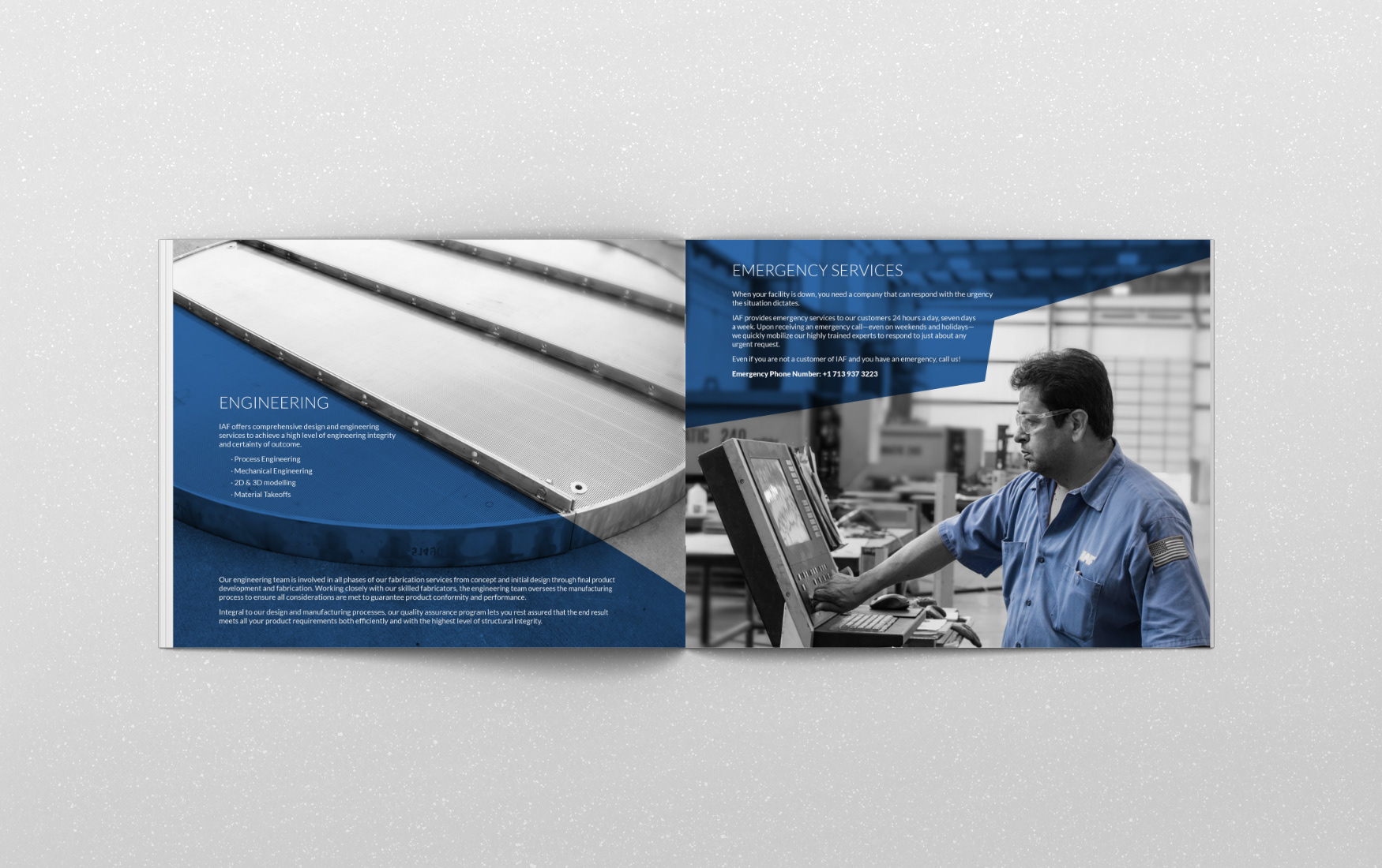 IAF Brochure two page spread about engineering and emergency services.
