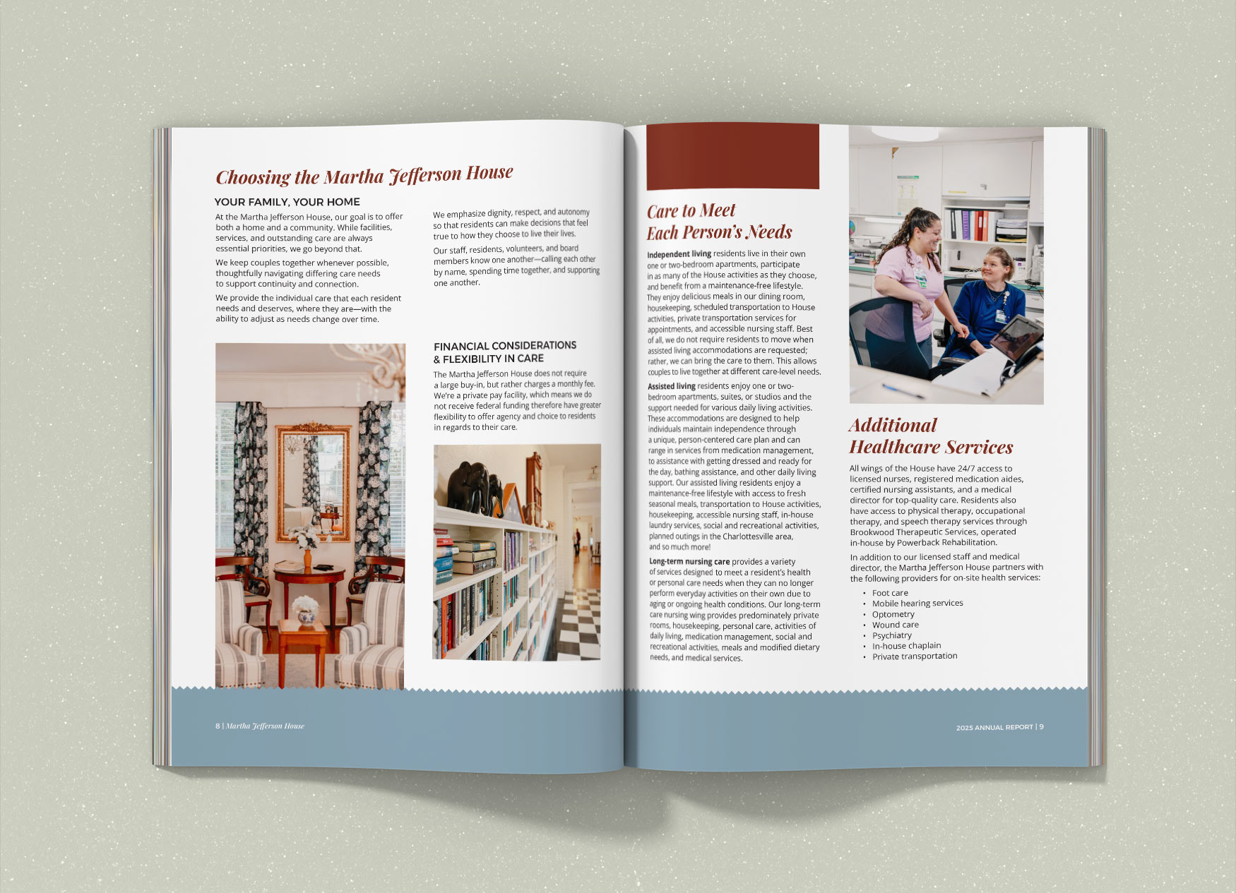 Two page spread describing the facilities and care.