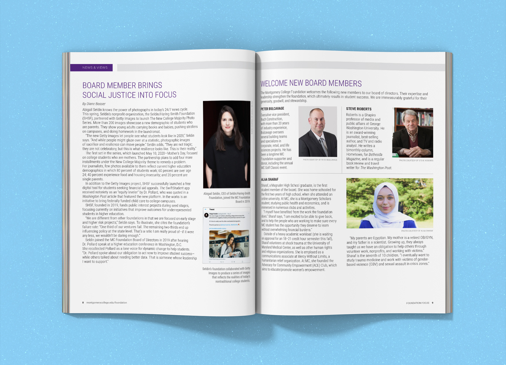 Montgomery College Foundation Focus magazine spread introducing new board members.
