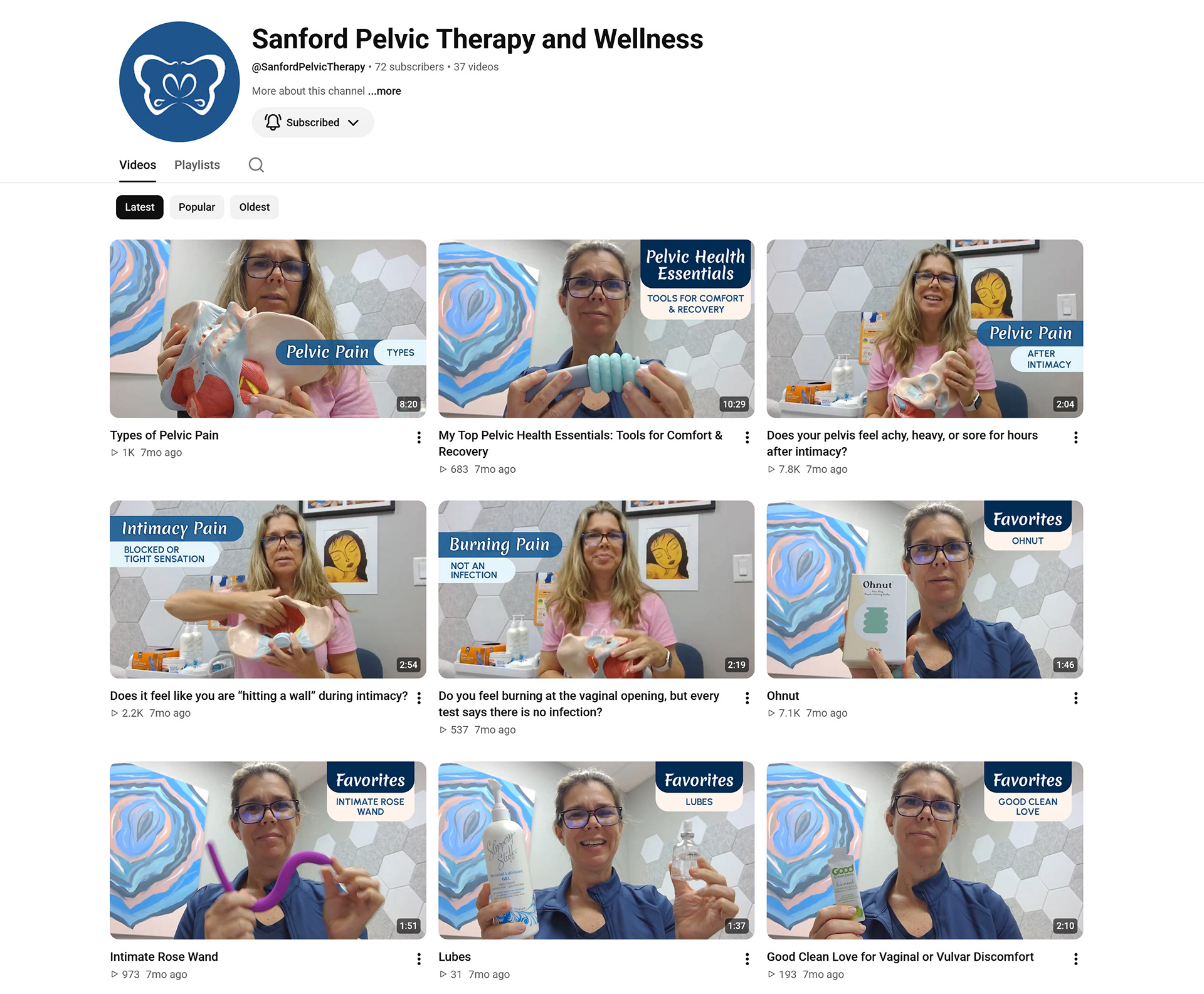 Sanford Pelvic Therapy and Wellness YouTube homepage.