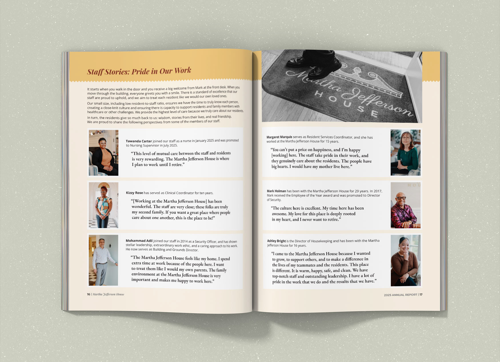Two page spread of staff stories.
