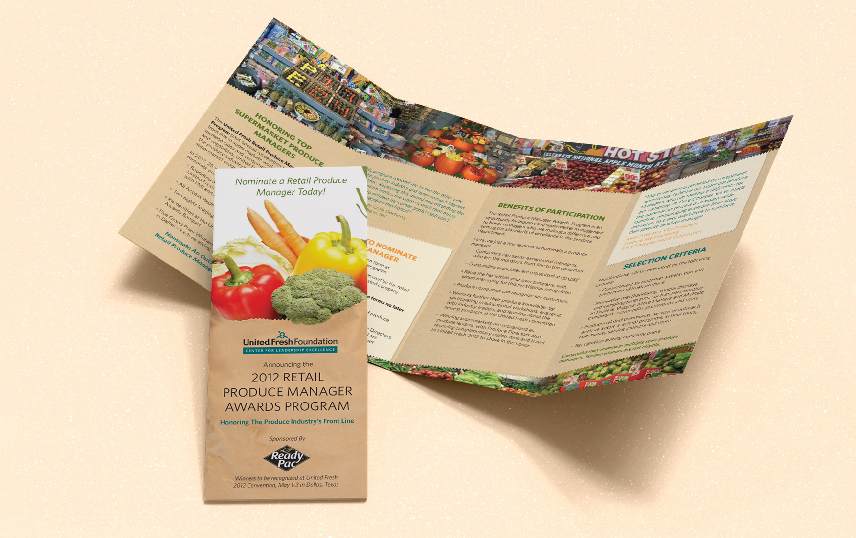 United Fresh Foundation quad fold brochure for Retail Produce Manager awards program.