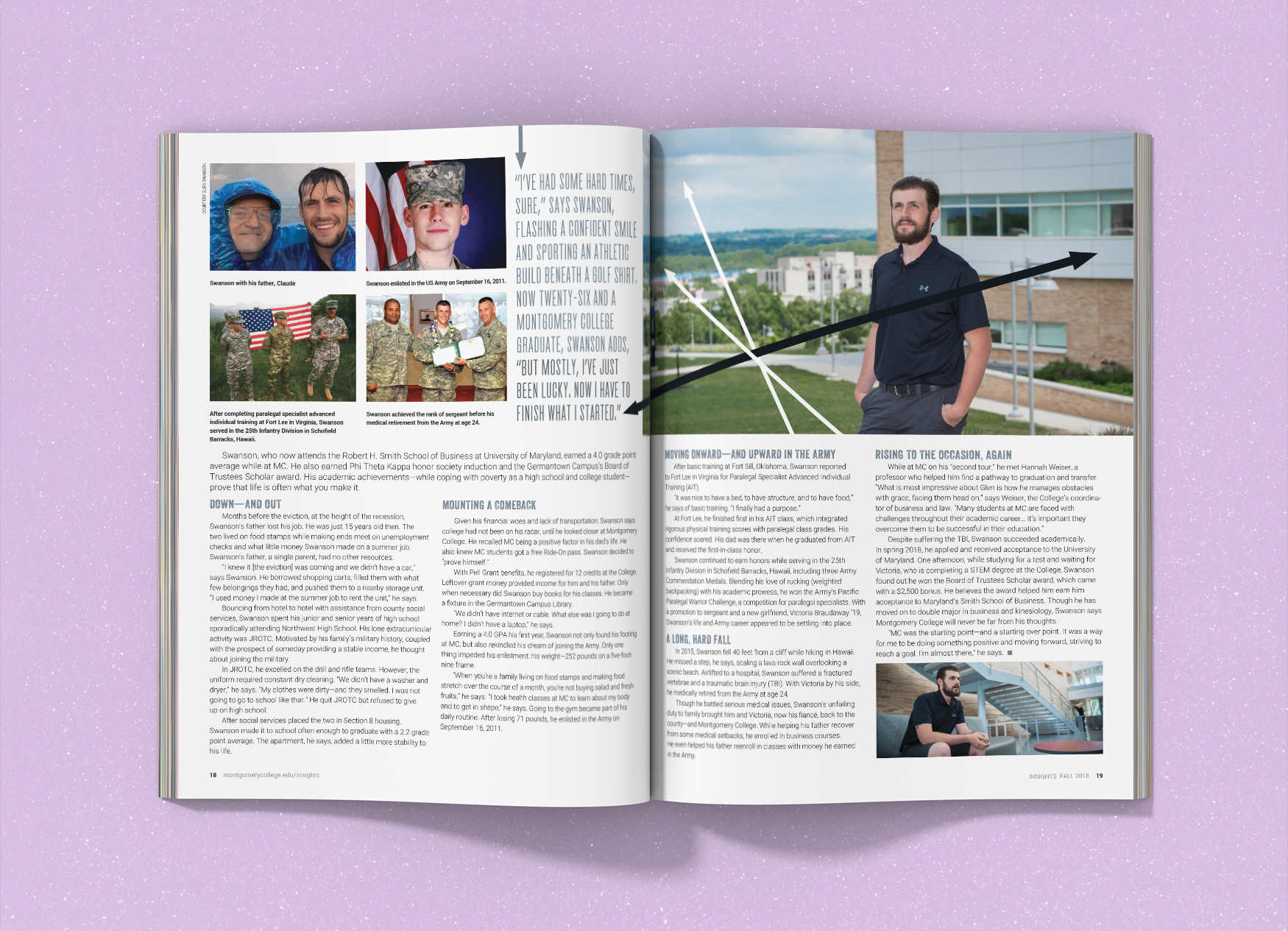 Montgomery College Insights Magazine inside spread about an alum's struggles and successes.