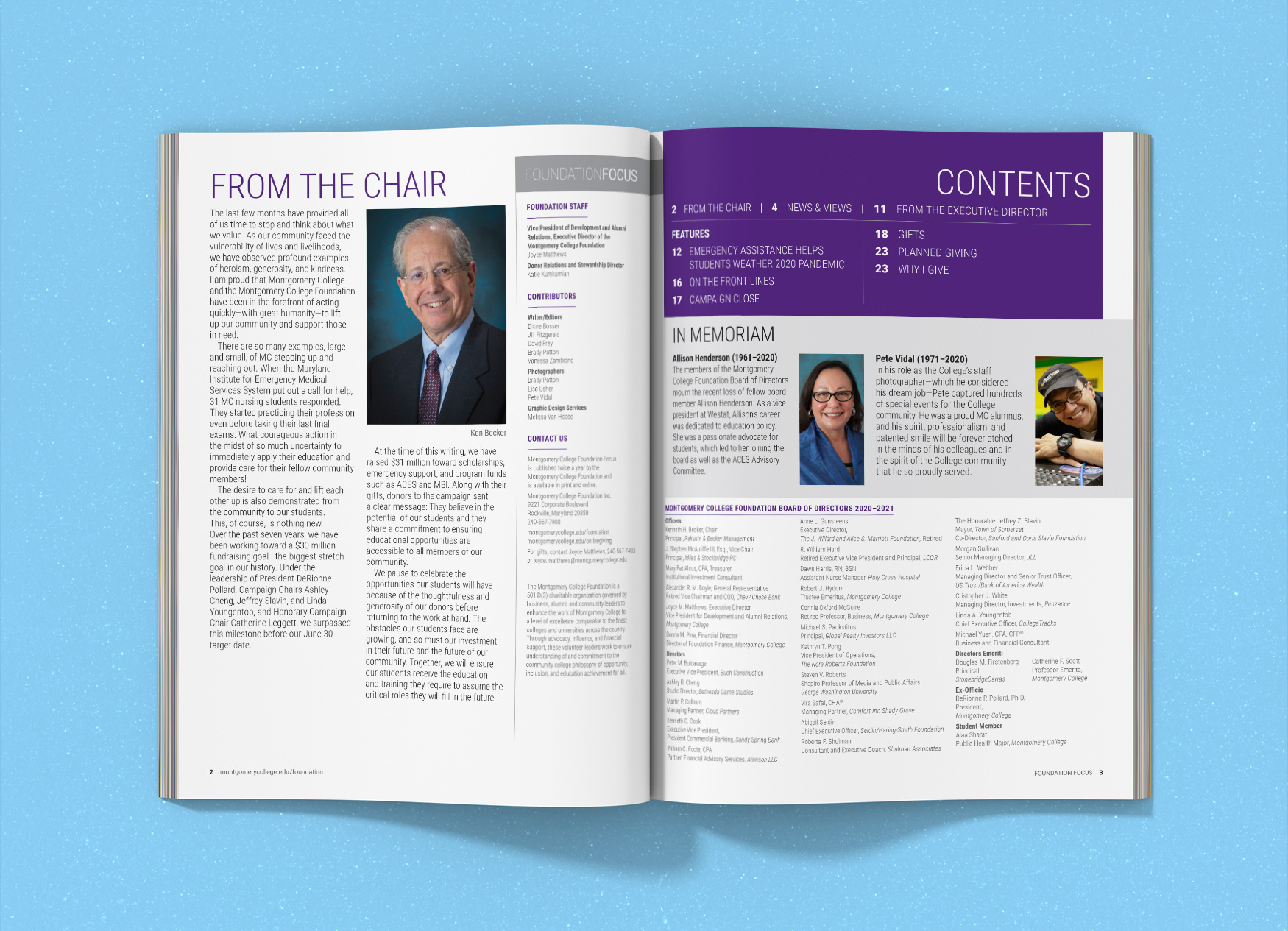 Montgomery College Foundation Focus magazine spread with a letter from the Chairman and the Contents of the magazine.