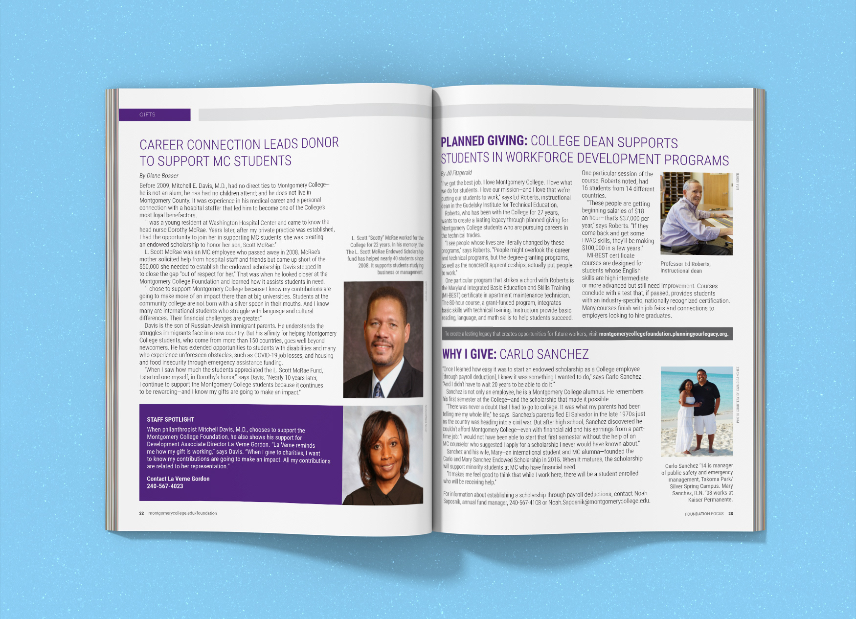 Montgomery College Foundation Focus magazine spread where school alums tell why they give back to the school.
