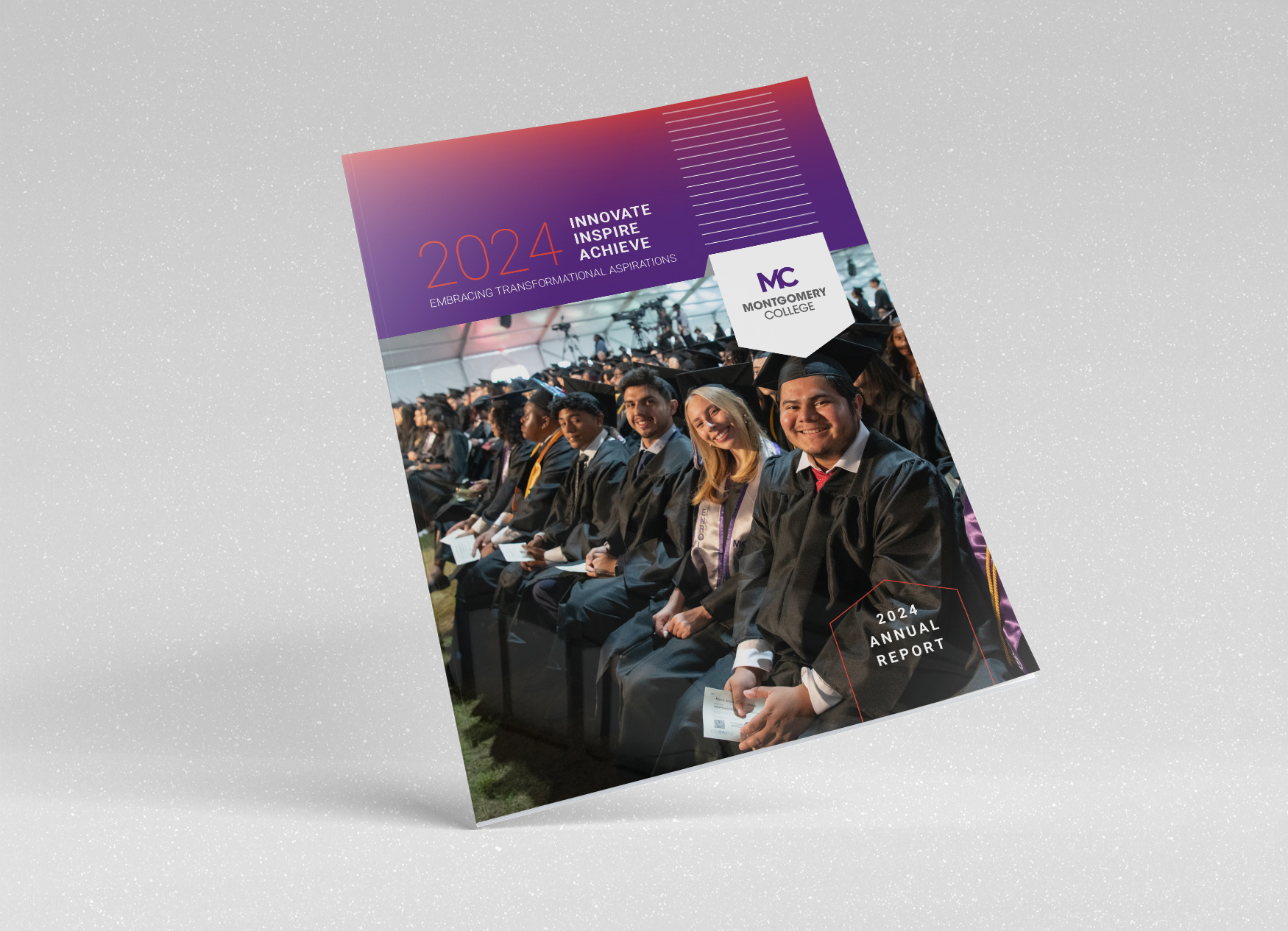 Montgomery College Foundation annual report cover with line and arrow art over a photo of students at graduation.
