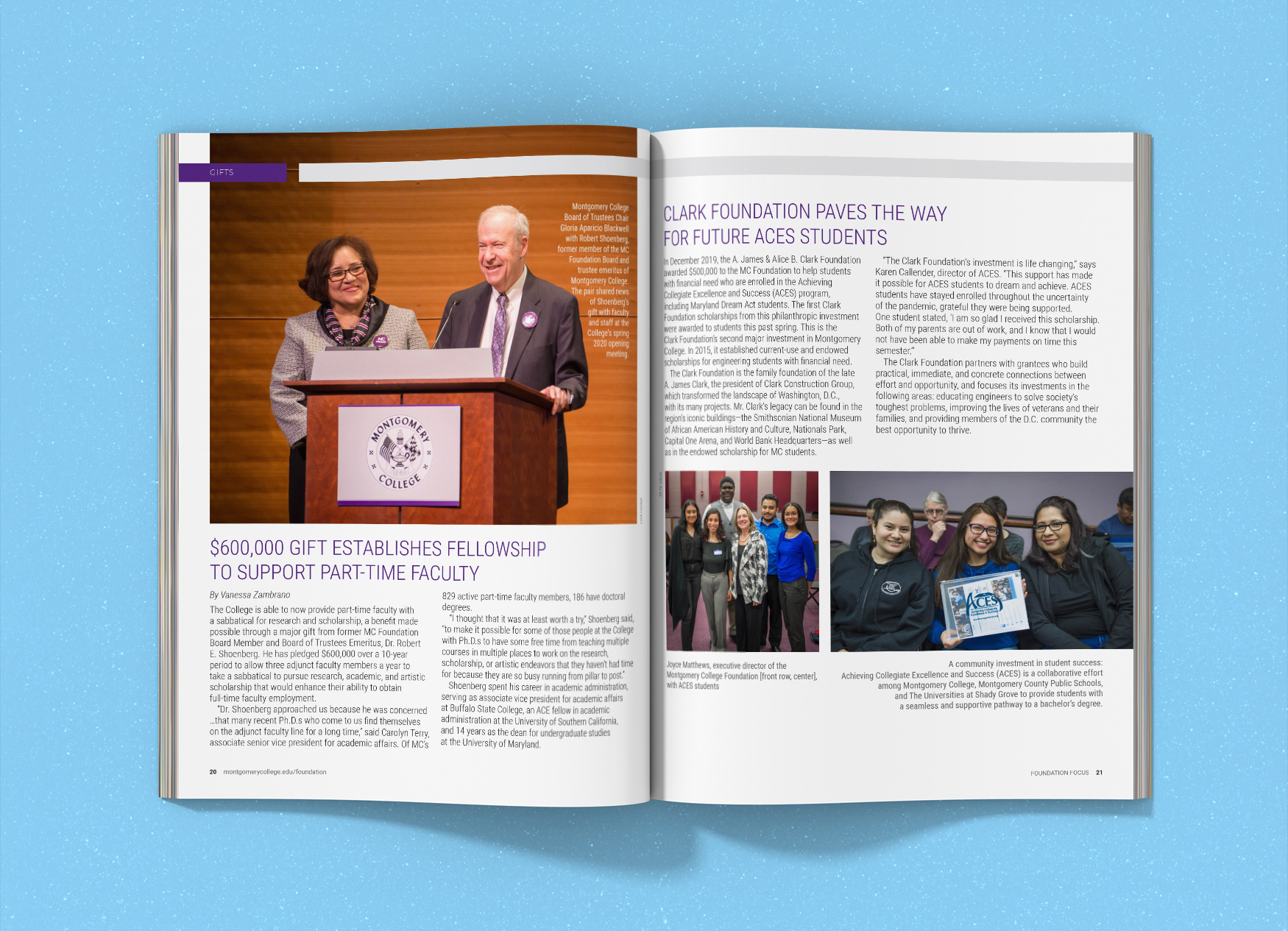 Montgomery College Foundation Focus magazine spread about supporting part-time faculty and a foundation for future ACES students.